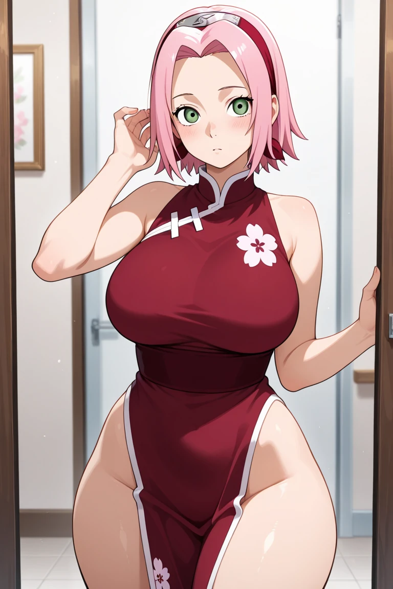 masterpiece, 4K, portrait, (Extremely detailed body, Ultra fine hair, Super detailed face), Hot topics on pixiv, kind Smile, best of quality, anime style: 1.9, 1 Girl, Hiring, Haruno Sakura, (forehead mark, milf, Red hair band, Pale skin, short hair, ((navel, belly button), Slim figure, Slim of abdomen, Pink Hair, open mouth, big eyes), Smile, Off-shoulder, Broad of shoulders, (((Both) hands spreading to Both sides)), 1 Girl,full-body shot、Red lace bikini,( Top quality、high detail:1.4、Adds intense highlight to eyes、4、Lip Gloss), Tilt your head slightly, Lips, Lip Gloss, big eyes、eyelash、Face is a little red、embarrassing)、big eyess、Leave a very strong impression on your students、{huge|大of|hugeof|mega} breast:1.6、very 大ofger breast、Long Neck、Smile))、(Big breasts of:1.2)、Busty of big breast, bustyofbreast、(breast protrusion 1.2)、((Super huge :1.3))、(of:1.3)、beautiful of big breast、Sexy bulge