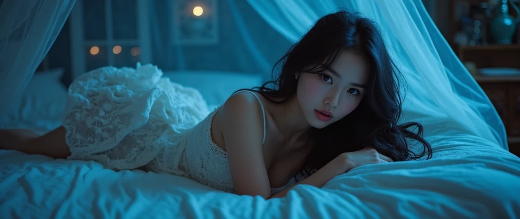 Anime Style "At" Digital Realistic Structure
20-year-old beautiful girl wearing thin nightgown showing blue underwear she lies on a luxurious bed in a hotel room neon lights beautiful colors sharp 8k