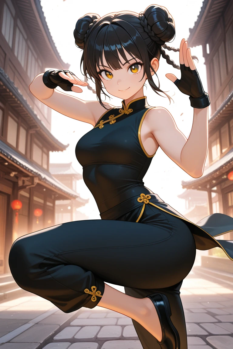sango as female warrior ninja|kunoichi, long dark brown hair, girly accessories, makeup, thick lips, toned physique, slender, slim, fit body, skintight black battlesuit with intricate gold decals, modest curves, perfect body, ponytail, gyaru hair ribbon, in action, sculpted thighs, wide hips, cinched midriff, flat color, high contrast, ultra-detailed, high res, ultra fine sharp details, 8K, full body masterpiece, best quality, highres, masterpiece, absurdres, visible pretty brushwork, watercolor, detailed face, detailed eyes, detailed body