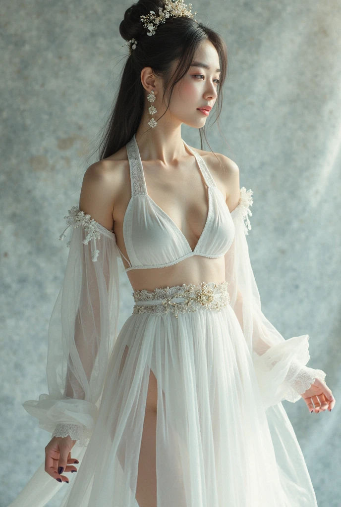 4K, UHD, masterpeice, 1 girl, front body, good face, very long hair, ((white skin)), fairytale outfit, white outfit, bare waist, fujicolor, window, depth of field, ray tracing, ultra realistic detailes,
