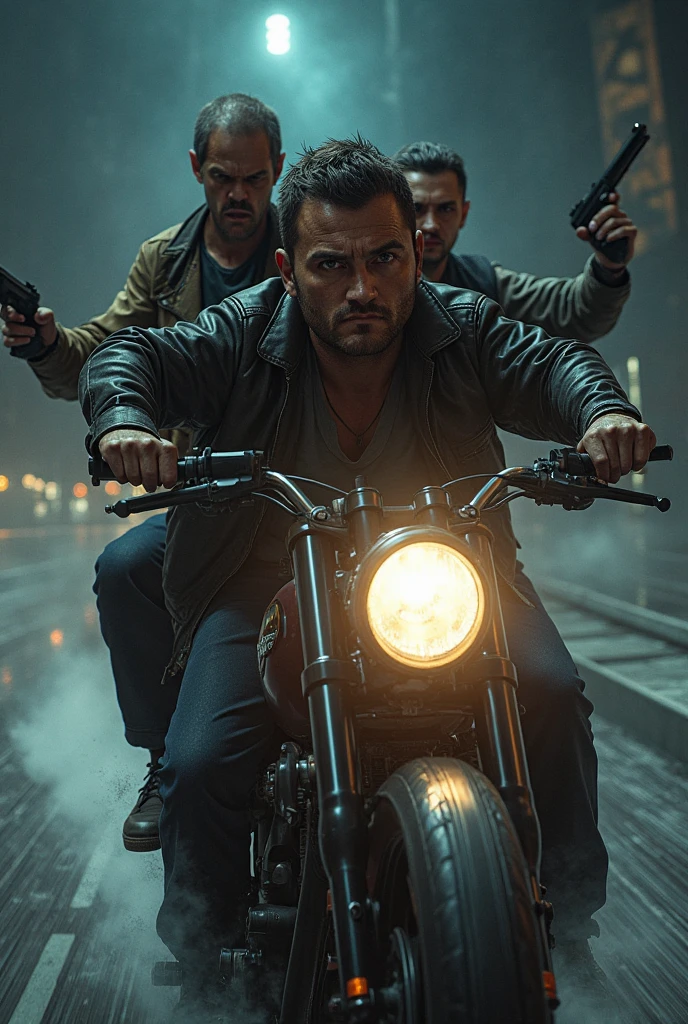 It generates an image of Ricardo Laverde, a 40-year-old man, next to Antonio, a 26-year-old man in a blue shirt and pants. The scene takes place on a main street in Bogotá in the afternoon when two men pass by on a motorcycle and shoot them, killing Ricardo and wounding Antonio., It shows Ricardo with blood from 6 bullets spread over his body and falling to the ground and Antonio with a bullet in his flat stomach with a bewildered face. The atmosphere is one of tragedy. It uses a realistic and cold style. 
