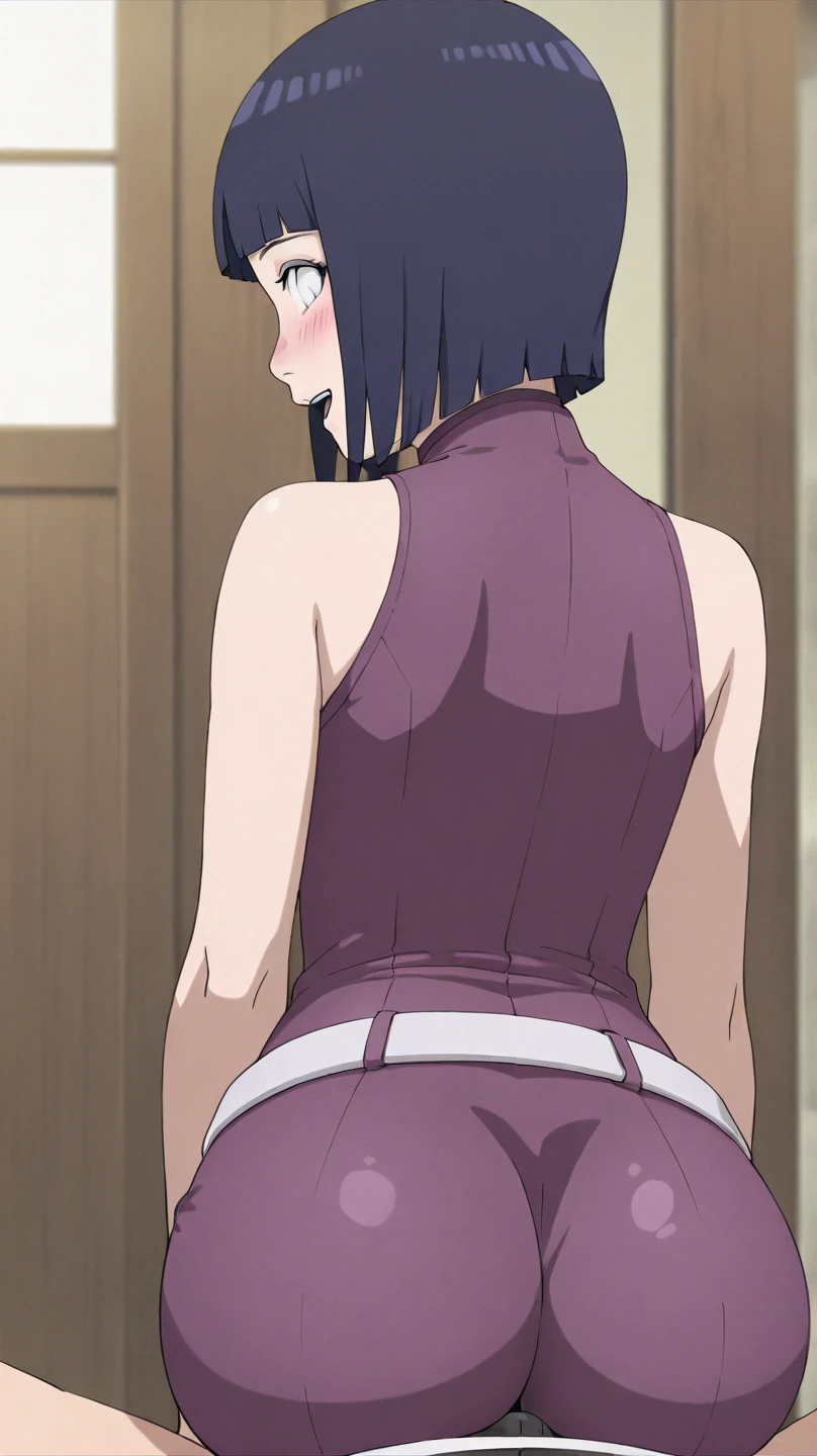 masterpiece, absurdres, hinata\(boruto\), 1girl, solo,mature female, Workout Shorts, perfect composition, detailed lips, gigantic breast, beautiful face, body propotion, short hair,  purple eyes,  soft gaze,  super realistic, detailed, photoshoot, realistic face and body, underboob, turtleneck, gigantic breasts, curvy, cowboy shot, bare shoulders, seductive smile, inside, nightclub, bubble butt, back view, from behind, curvy ass, squatting