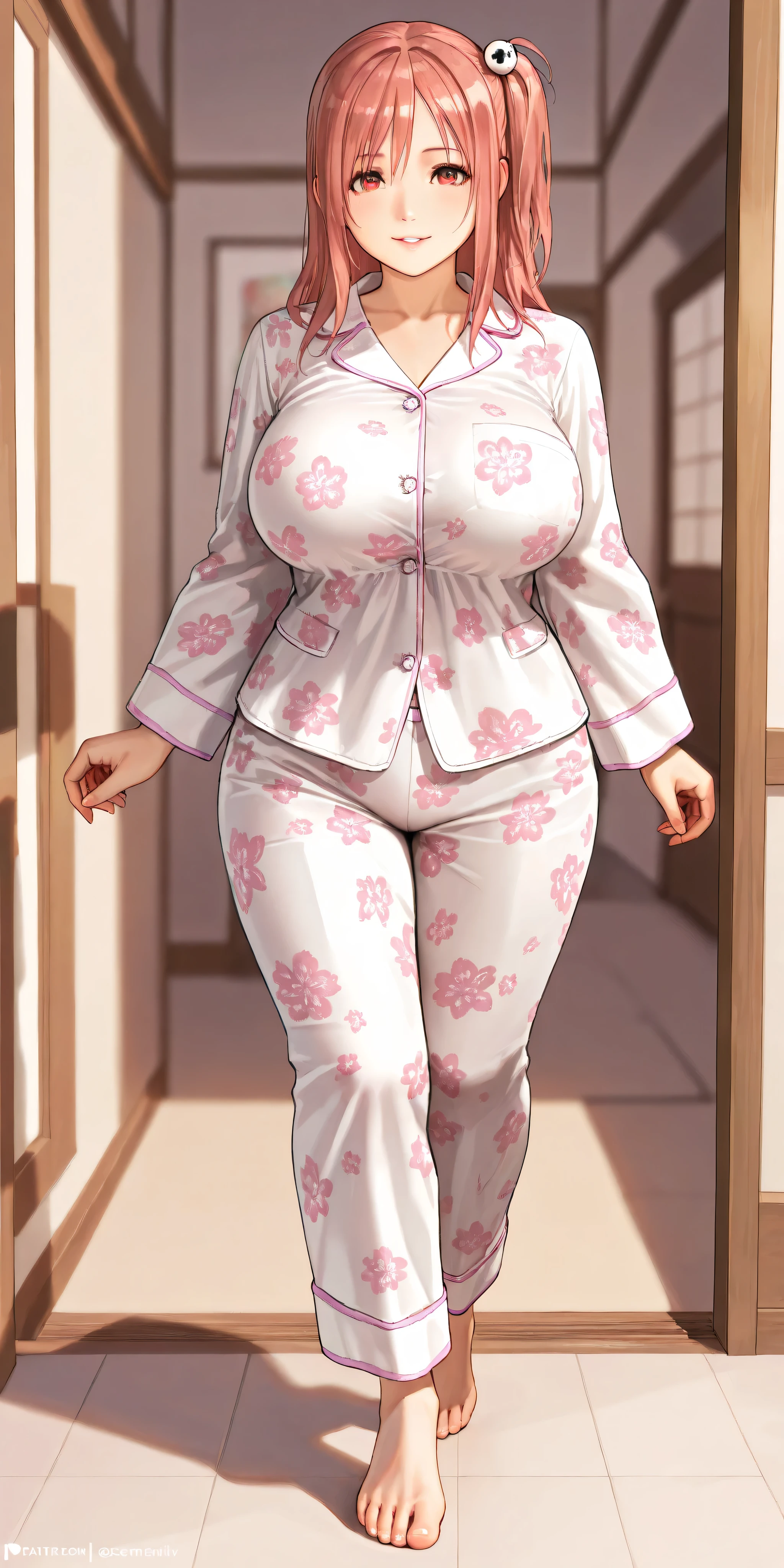 Masterpiece, newest, vibrant, very aesthetic, high contrast, mature woman, honoka\(dead or alive\), parted lips, smile, tall, perfect body, big breast, white pajamas floral motif, bare foot, full body, walking, front of house, best quality, semrealistic, fullmetal alchemist anime style, looking at viewer