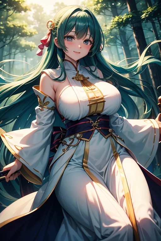 ((masterpiece)), (best quality:1.7), (detailed:1.4), (high res:1.4), 8k, (colorful:1.5), high resolution, sharped image, 4k, hd, (beautiful detailed background:1.2), (beautiful lighting:1.2), (highly detailed:1.2), perfect lighting, (8k wallpaper:1.2), (highly detailed:1.2), (extremely detailed CG:1.2), large breasts, a woman in a primarily white red kimono outfit, green long haired, seductive anime girl, anime kitsune, perfect green haired girl, cute anime waifu in a nice dress, beautiful alluring anime woman, guweiz, top rated on pixiv, attractive anime girl, beautiful anime woman, beautiful anime girl, long green hair, green-haired, green haired, kitsune, animal fox ears, busty, orange-yellow eyes, orange yellow eyes, white thigh high, white thigh highs, shrine maiden, white and red clothes design, more red on clothes, japanese vibe, out in nature, sunshine in background, nice day out, grass, nature, nature backdrop, eating cucumber