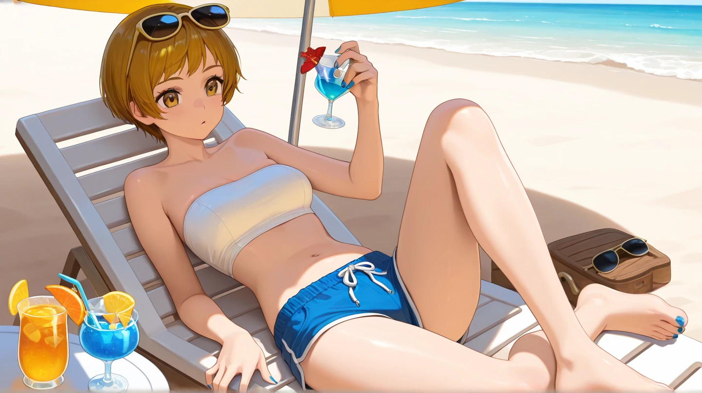 (super flat, flat shading), Honors Type, Really blushing, 17 years old, 2girls, wearing (high-cut bikini swimwear:1.5), ponytail brown hair, sweaty healthy body, soaking wet full body with lotion and sweaty, bare legs, navel, ultra realistic, breeze, in crowded beach side, on stomach