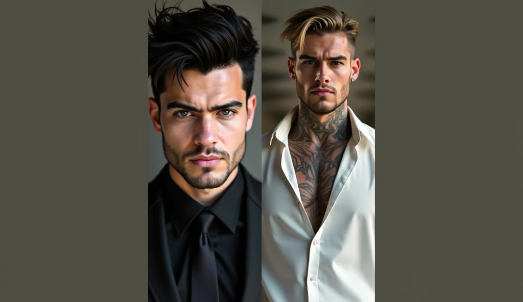 Criar imagem casal gay , A white man with tattoo on the side of his neck written Petty Hurts and 3 kiss mark on his neck tattooed , este homem tem bigode fino , e cabelo curto com mecha loira  , Tattoo on the arms well colored , and second man is a little shorter in height ,cabelo curto penteado de lado , also with blonde highlights , moreno e bastante musculoso, barba rala , ambos vestidos com fantasia de gatos um de gato branco e outro de gato listrado laranja e branco