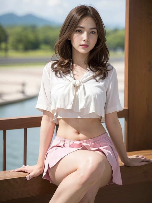 Detailed CG Unity 8k wallpapers、highest quality、masterpiece、Realistic、Bright lighting、非常にcute 女性、cute、17 years old、high school girl、Captivating eyes、(Droopy eyes:1.3)、(Watery eye:1.3)、((Ecstasy face))、Open your mouth a little、blush、(Brown hair with bangs)、Earrings、necklace、Shiny skin、Pure white skin、Big Breasts、((Perfect Anatomy、Perfect limbs、Thin hands、Thin fingers、Five fingers))、((Navy Pleated Mini Skirt:1.5))、(Japanese high school sailor uniform)、((Short sleeveの白いセーラー服:1.5)、Short sleeve、(Very short white sailor suit)、Angle from below、((Spread your legs wide:1.5))、(Lift your legs)、(Sexy white lace panties exposed:1.3)、(A detailed drawing of sexy white lace panties:1.3)、(Focus on the groin:1.5)、(Angle from below:1.3)、(Look Down, Display in viewer:1.3)、(Thin legs)、(Thin legs)、On a park bench、