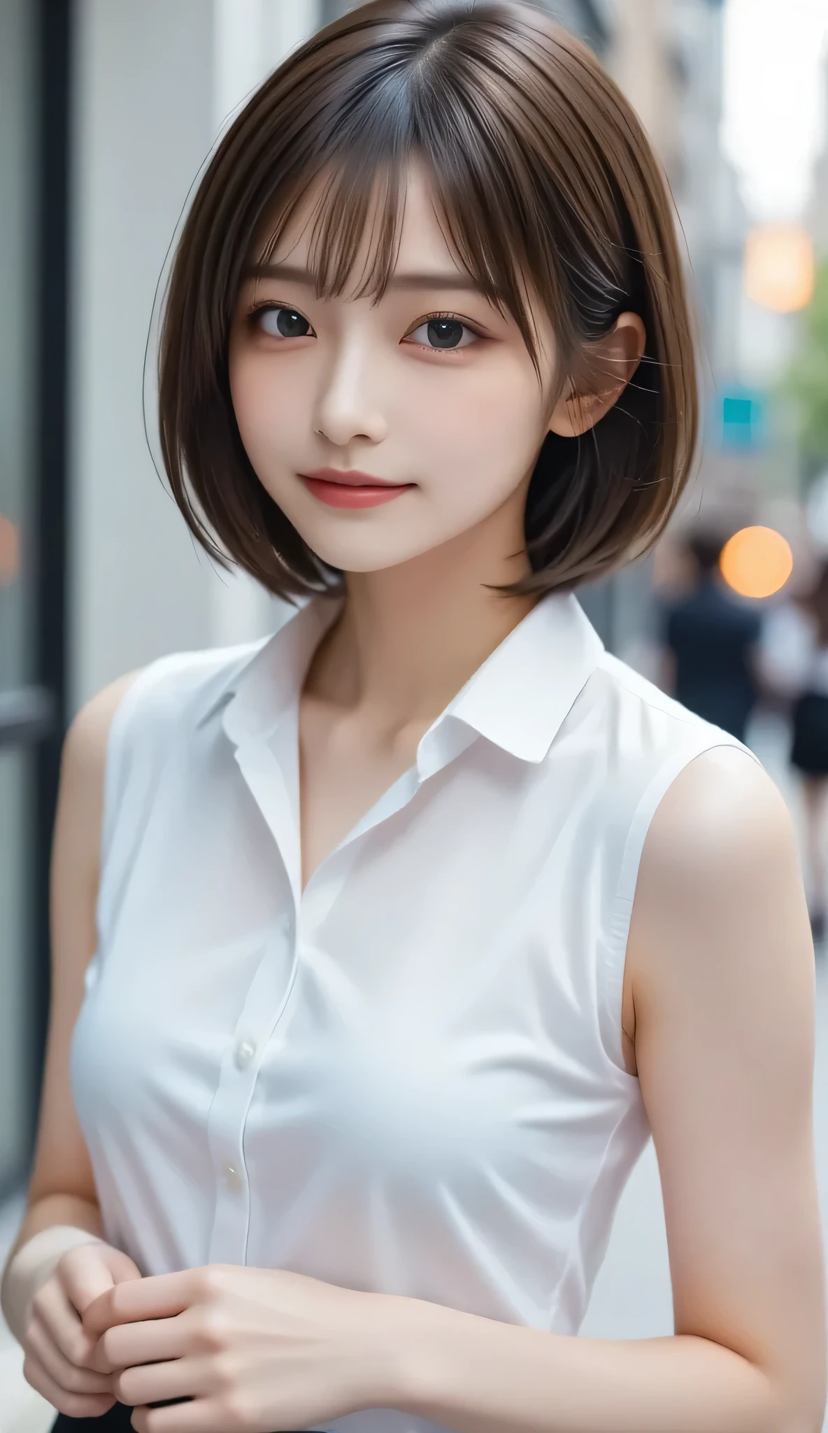 white shirt、 Complex and Beautiful Eyes 、Woman、Feminine Black Hair、(繊細でRealistic Hair、1Realistic Hair)、bungs、natural color lips、Smile、((White Indoor))、Indoor、((18歳Woman:1.ung and adorable Japanese faces, official art,Highly detailedCG Unity 8K壁紙,(masterpiece:1.0),(top quality:1.0), 超high resolution,4K,Highly detailed, Photo shoot, 8k, NFSDW, high resolution, Kodak portrait 400, film grain, Lens Flare Glow ,Best Quality,8k,NFSDW:1.2),portrait shooting,8k、reveal 1 showviewer, (((front view))), (((front view))), ((facing))、office chair forward、Bold Cleavage、 firm chest、Small Faces, ((Bareleg))、top quality、Super beautiful images、upper body、Stand Up
