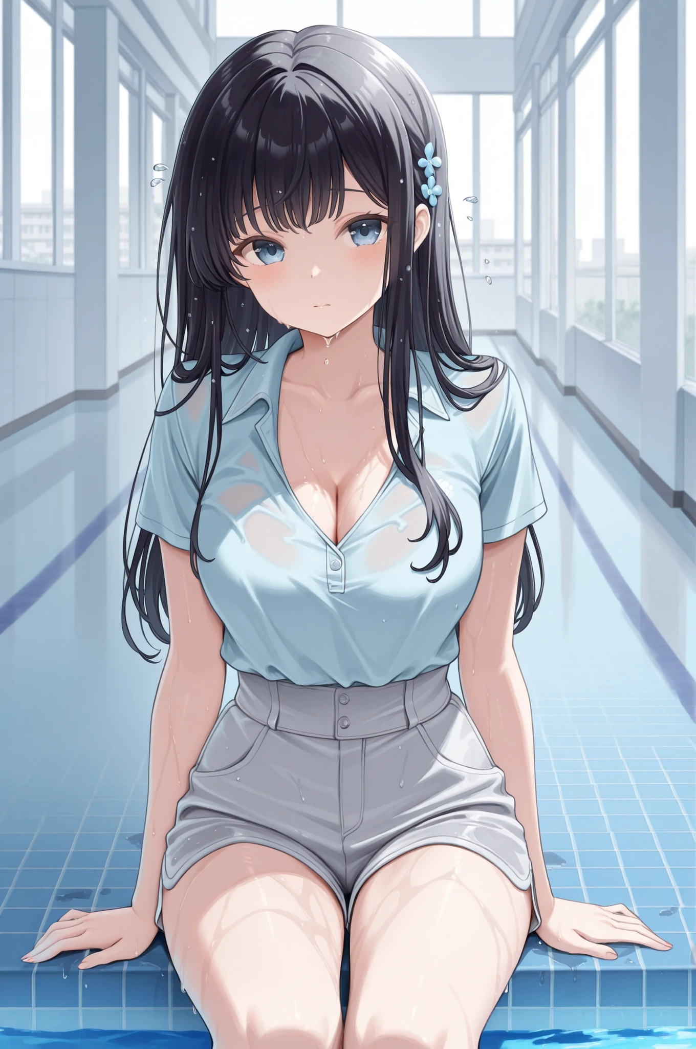 poolside hallway after the rain。raindrops left on wet tiles、A girlfriend with long black hair wearing a pale blue polo shirt showing cleavage and gray high-waisted shorts、Overlooking the school building over her shoulder。the small collar on her chest opens simply、drops dripping on her hair。