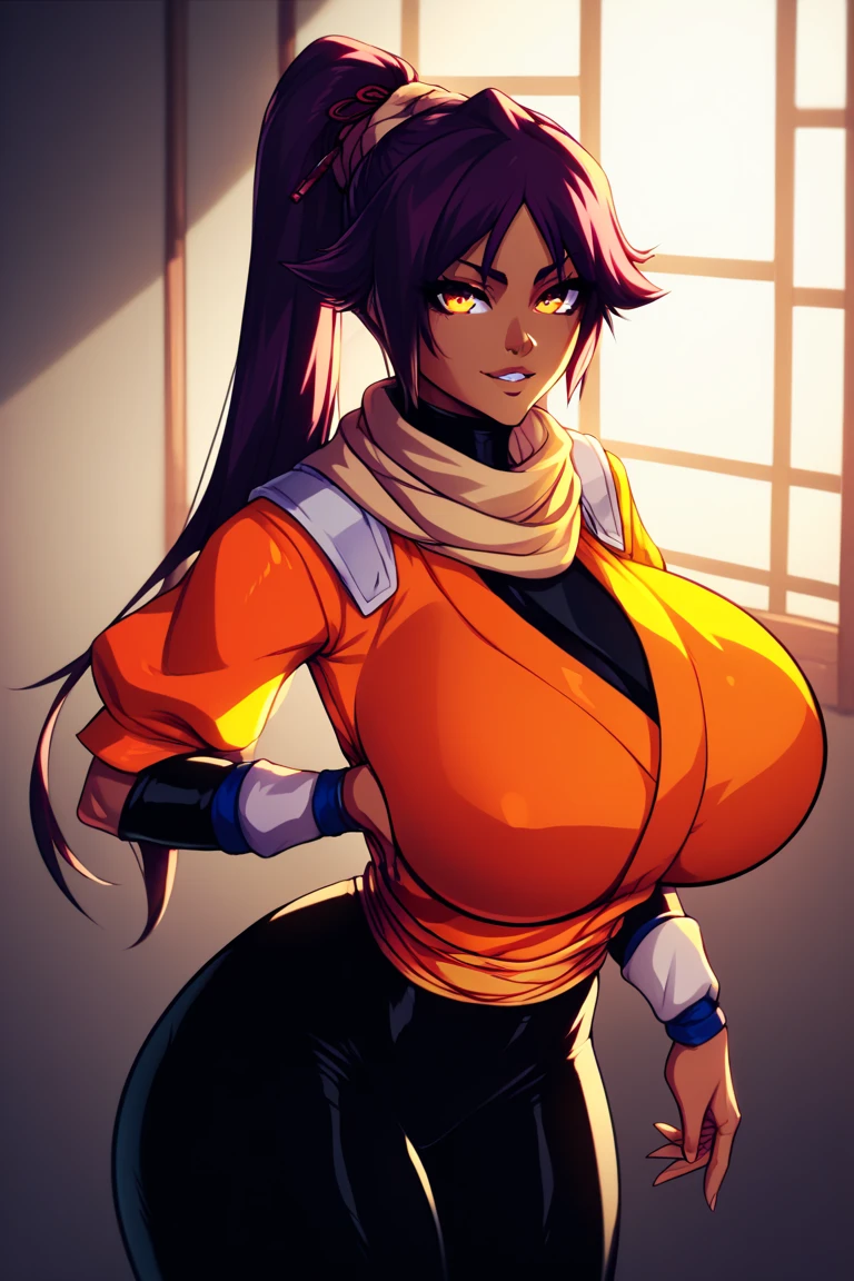 (masterpiece, best quality), intricate details, 1girl, Rampart, dark skin, forehead jewel, nose piercing, side ponytail, brown hair, jewelry, orange jumpsuit with white stripes, knee pads , right glove, green top, left arm tattoo, huge breasts, cleavage, gigantic breasts, massive breasts, hyper breasts, flirty, thick thighs, lips, looking at viewer, seductive