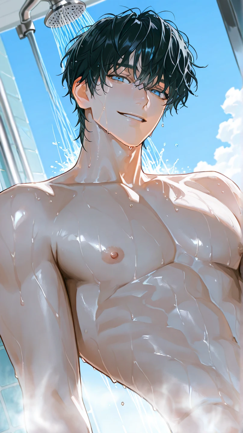 high quality, (soro japanese teen boy:1.5), (detailed eyes), (black short hair), (muscle:1.5), naked, (dark wet skin), (detailed puffy nipples:1.3), penis, cumshot,smirk, looking at viewer,(orgasm)