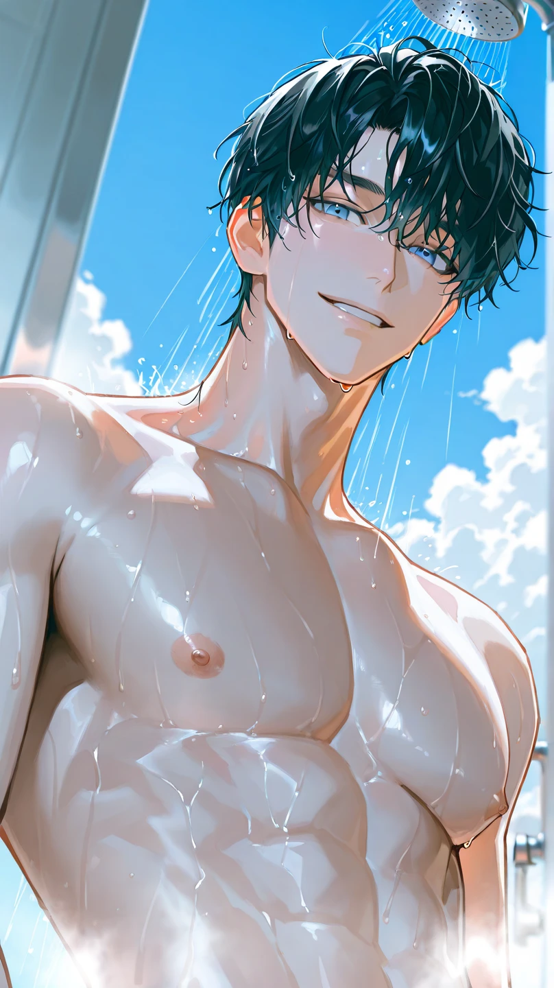 high quality, flexing,(japanese teen boy:1.5), (detailed eyes), (black hair), (muscle:1.5), naked, (dark wet skin), (detailed puffy nipples:1.5), penis, cumshot, looking at viewer,(orgasm:1.5),ahegao,
