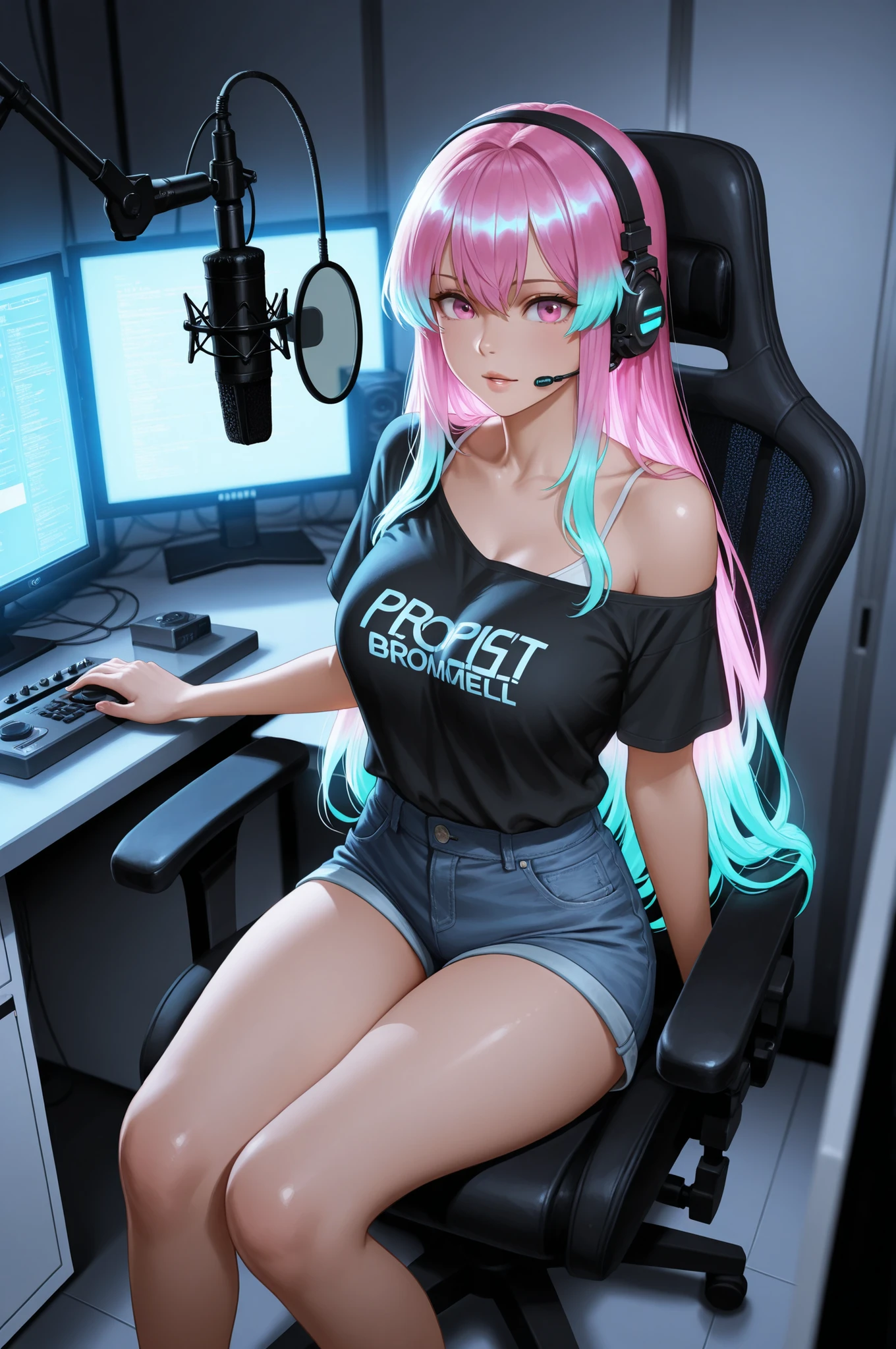 anime girl in pink outfit standing in front of a computer, (((big chest))) (((bare ass))) (((white footwer with heels))) some pink, belle delphine, pink girl, ((pink)), anime vibes, trending on cgstation, cyber school girl, pink vibe, cosplay, at pixiv, anime girl cosplay, cyberpunk setting, trending at cgstation, anime barbie in white stockings, with pink hair, on a desk, hands on desk, leaned forward, ass out, tiny thong
