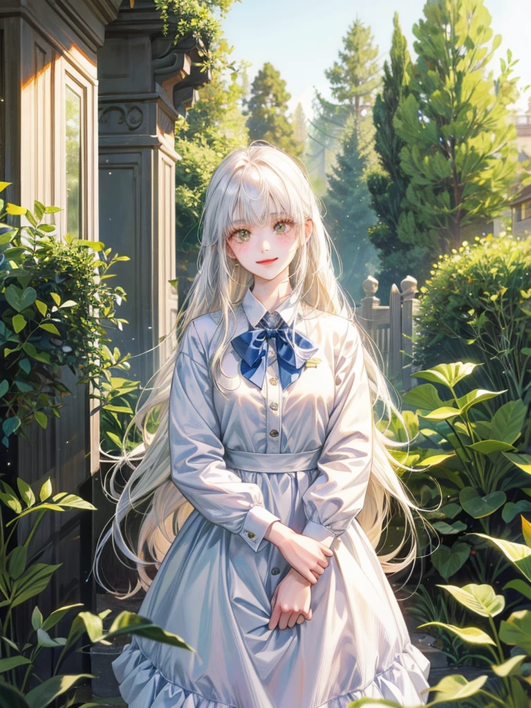 nijicute, 1girl, an anime fb girl in floral print, in the style of light silver and light blue, dreamlike portraiture, dark white and light orange, marguerite blasingame, cottagecore, charles spencelayh, serge marshennikov