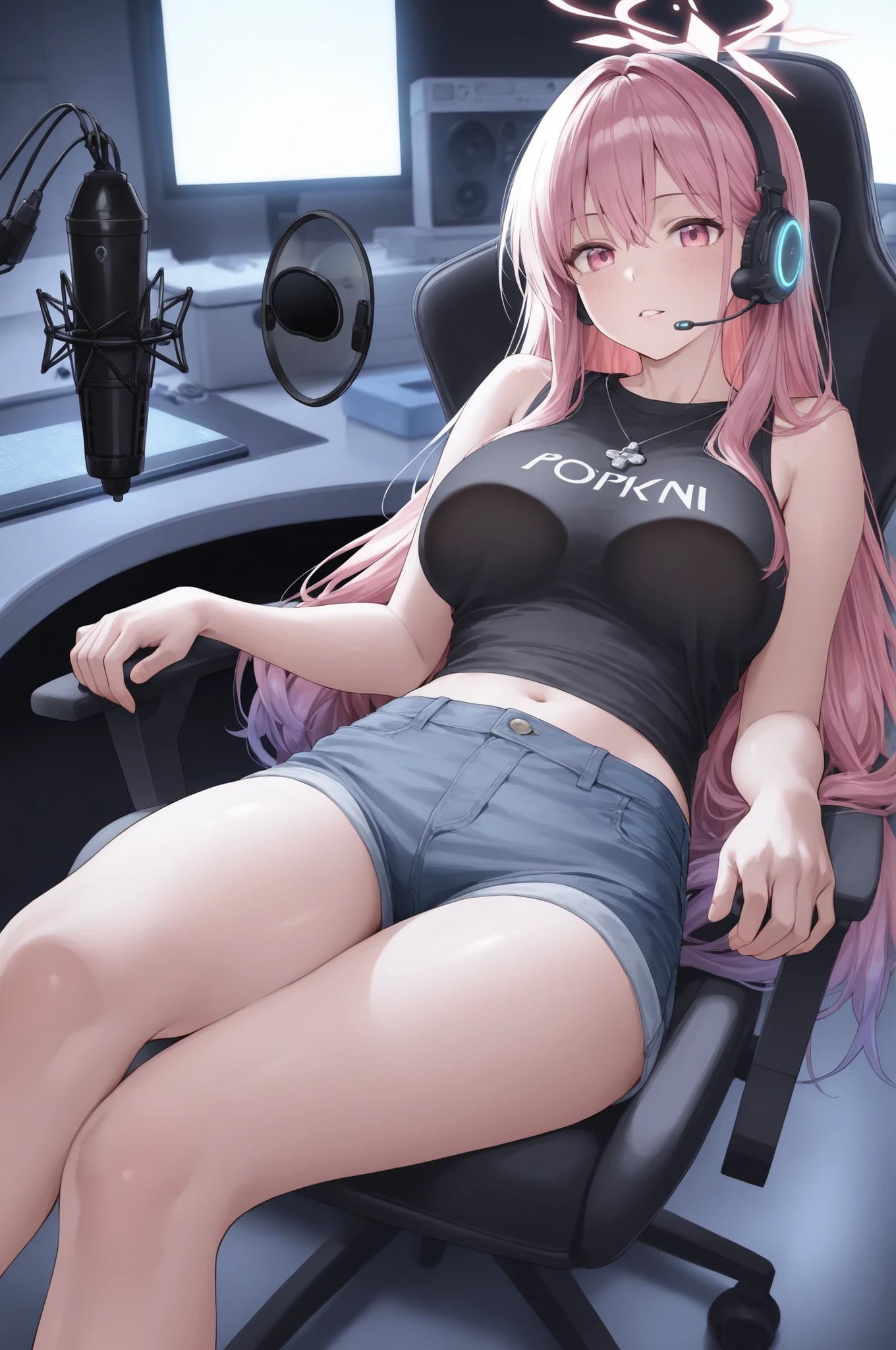 A slender 20-year-old female with flawless skin and delicate features, sporting long hair with vibrant green roots transitioning to bright pink ends styled in glossy waves past her shoulders, sitting in a radio broadcasting booth viewed through glass from an editing room perspective, wearing a bold low-cut black shirt with distinctive white logo printed on the chest area partially revealing her décolletage, paired with light-blue denim shorts ending mid-thigh exposing her slender legs, seated on an adjustable black ergonomic chair at a broadcasting desk with mixing equipment featuring illuminated control panels, wearing a professional over-ear headset with an adjustable boom microphone positioned near her glossy lips as she speaks animatedly, framed by gray sound-absorbing foam panels lining the booth walls, a suspended microphone with pop filter hanging from an articulated arm mount, monitors displaying audio waveforms in background, captured in photorealistic 8K photography with cinematic aspect ratio using shallow depth of field focusing through glass creating subtle reflections, illuminated by soft key lighting from above casting natural shadows, supplemented by blue rim lighting outlining her silhouette and gentle gold fill light, contrasting warm studio tones with cooler technical LED indicators on equipment, vibrant hair colors popping against neutral background, conveying professional broadcast environment with energetic atmosphere.