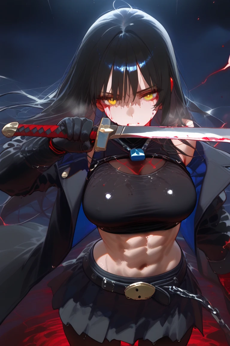 An adult woman, half wolf, black and blue hair, black ears, shining red eyes, wearing a black and blue dress, very angry, wide breasts, holding a sword