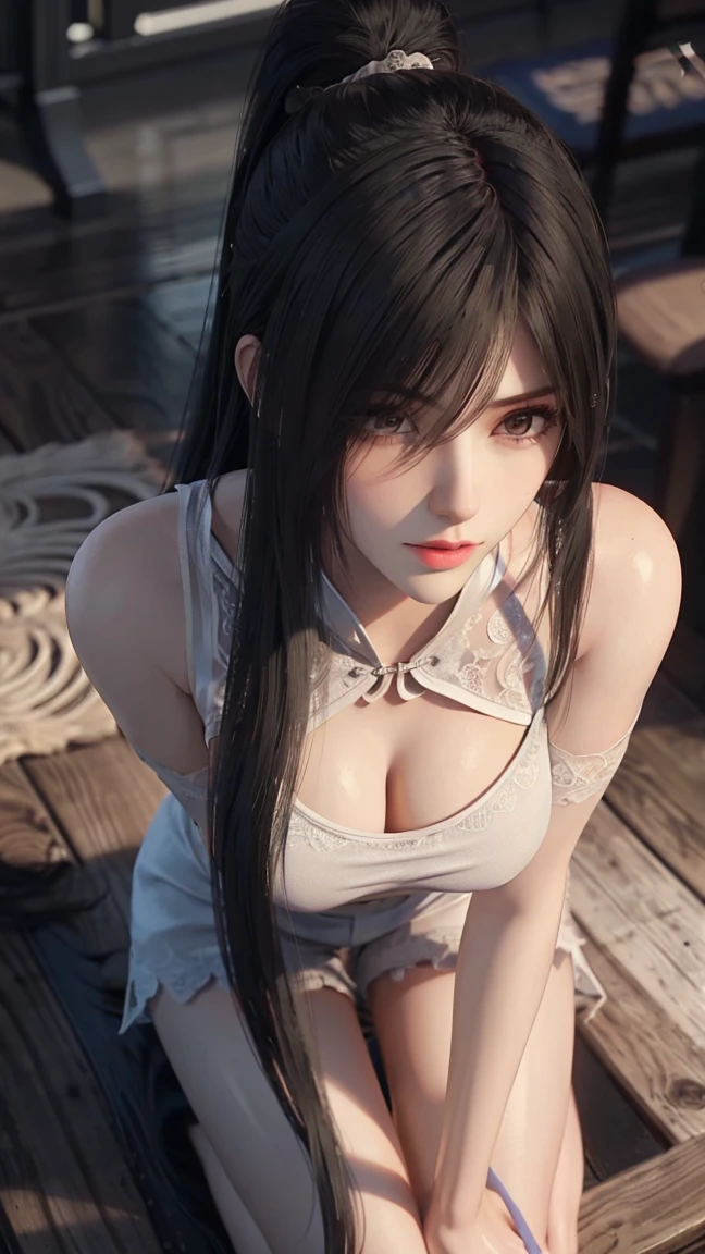 Sexy Asian woman in white top and black skirt posing for camera, seductive Tifa lockhart portrait, Tifa lockhart, Tifa, Tifa lockheart, Tifa lockhart with white hair, Tifa lockhart portrait, glamorous Tifa lockheart, portrait of Tifa lockhart, Attractive anime girl, 3D animation realistic, Surrealist anime, Realistic anime 3D style