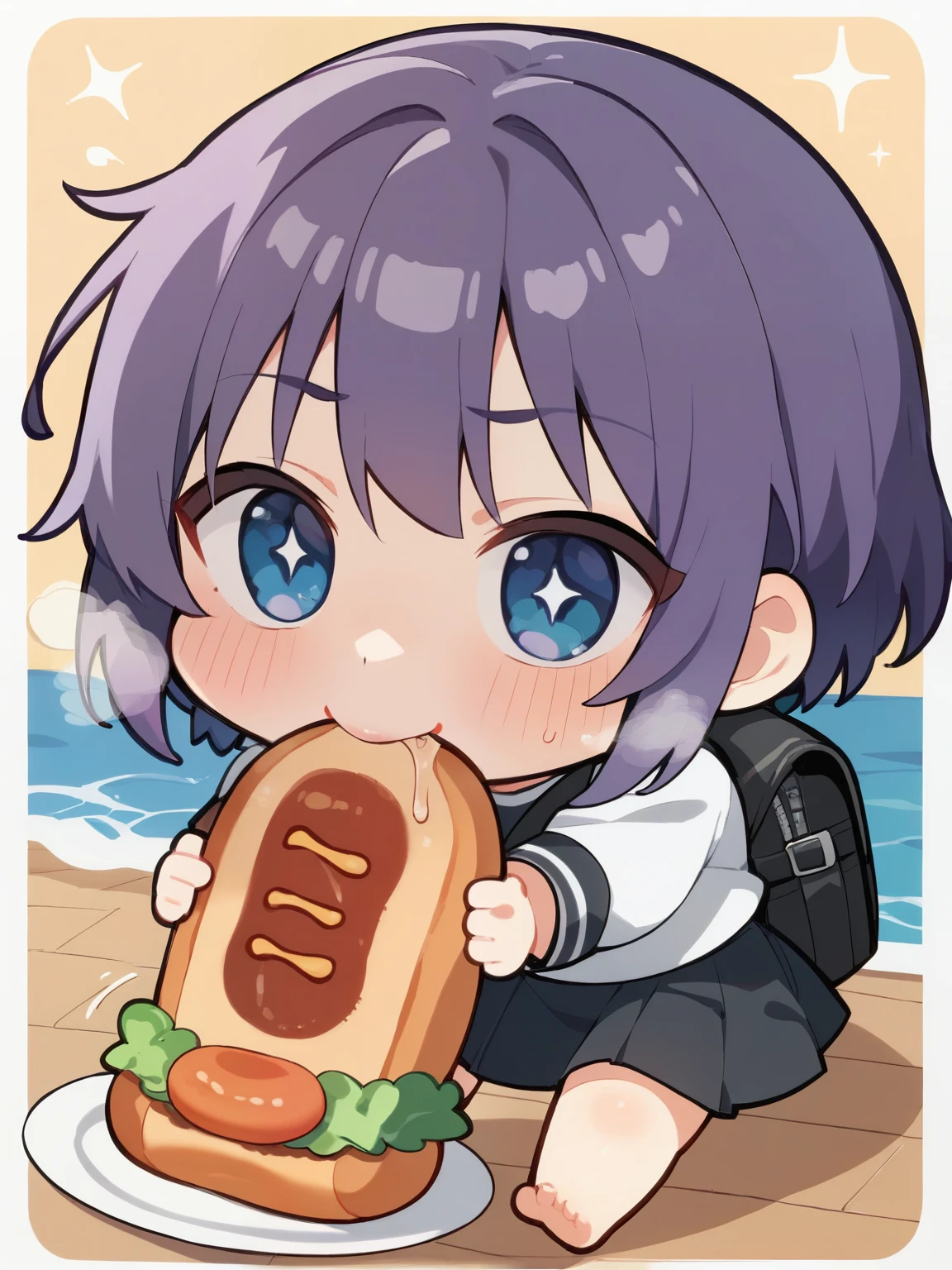 score_9, score_8_ up, score_7_ up, score_6_ up, score_5_ up, Anime,nsfw, Uncorrected,( chibi:1.5), solo,top quality,Cute girls, Middle School Student, uniform,wear a white shirt,Wave Hair,black skirt in a hug pose,bob cut,purple hair,big round eyes,open the opening wide,they have big eyes when viewed from the front, sparkling eyes,shirt,Blue Eyes,having a black backpack,red blush, arcuate eyebrows,cranky expression,Drooling,trembling,cute face,shiny skin in the classroom,1 girl crouching in rough breath,Steam,INSANELY DETAILS,cover,they hold the hot dog with both hands,a giant hotdog,eat a hot dog,LOOK DOWN,serious expression,Fill up the hot dog,bite,Steam,saliva,looking so tasty,looking so tastyに食べる,Fun to eat ,Kyoani Style,glitter,