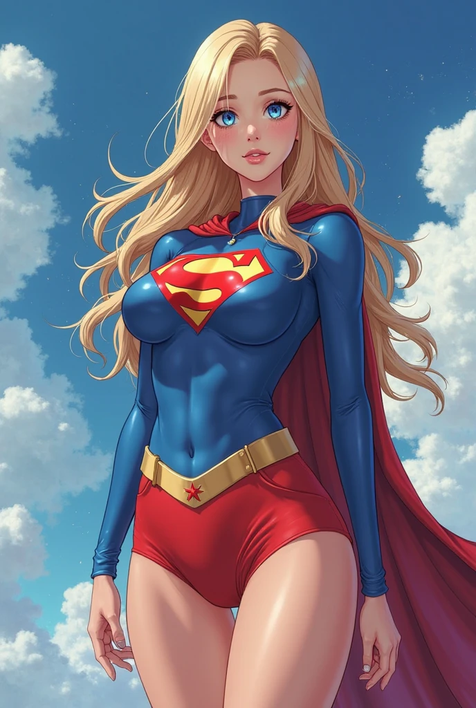 1girl, long blonde hair, blue eyes, beautiful, in a blue shirt, superman logo, red cape, red mini skirt, athletic physique