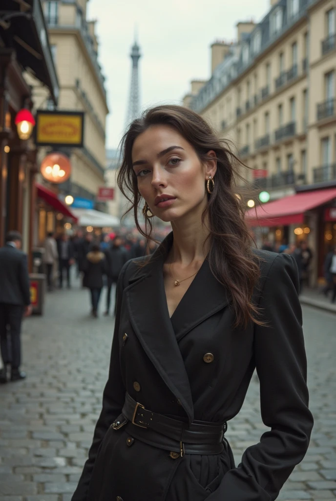 (american shot)1 beautiful woman,high levels of detail, professional, sharp photography, best quality, full shot,In a street with the Eiffel Tower in the background