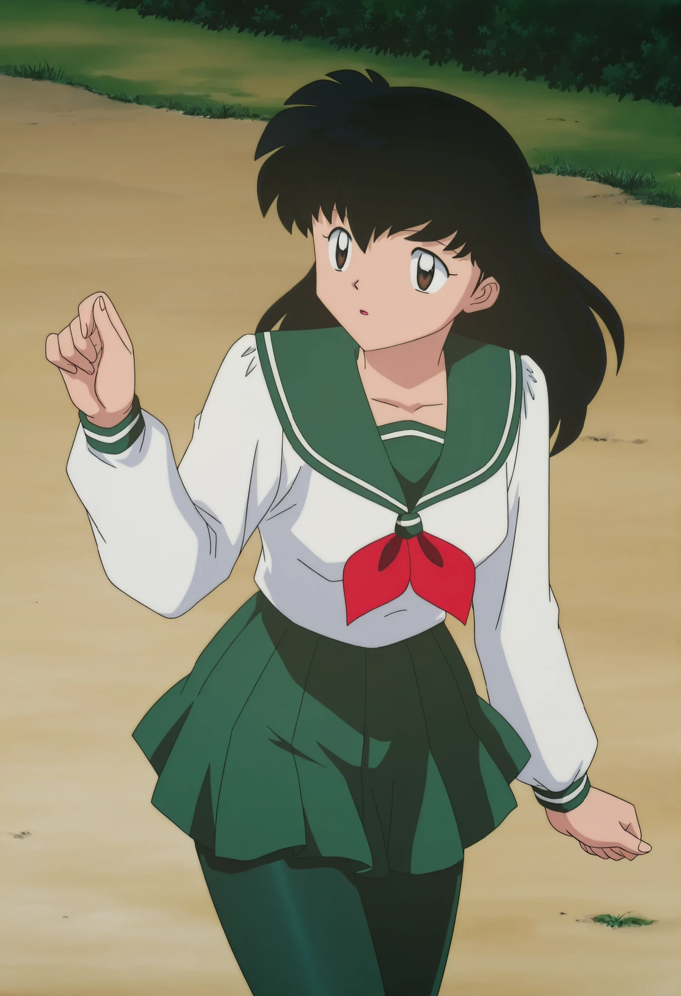 official style,Higurashi kagome (2000s anime analog),retro artstyle,, black hair , brown eyes , uniform , long sleeve , green tights Spandex , green skirt , red neckerchief,solo