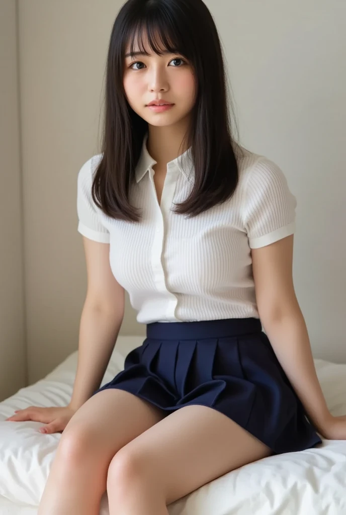 ((Highest quality)),((最high resolution)),((high resolution)),((detailed)),((High definition)),((8K)),((Perfect body)),((Perfect Face)),((Realistic)),((Real)),((Realistic)),((Beauty)),((Shiny Hair)),((Glowing Skin)),((Very white skin)),((Jet Black Hair)),((school uniform)),(((Sit on the bed)),((Spread your legs wide:1.4)),((Spread your legs wide)),((Knee Up:1.5)),(((Lift your skirt to show your panties))),Long Hair、Embarrassed look、((M-shaped opening legs)),(showing panties)、((Blushing)),((Look away))
