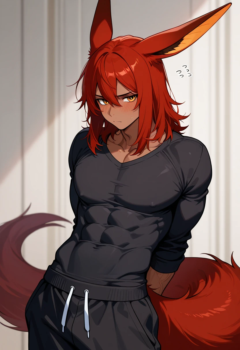 ((1boy)), wolf ears, wolf tail, short fluffy red hair, blue eyes, slim waist, ultra masterpiece, shirtless, bathroom setting, big thighs, seductive, wide hips, sweatpants, soft