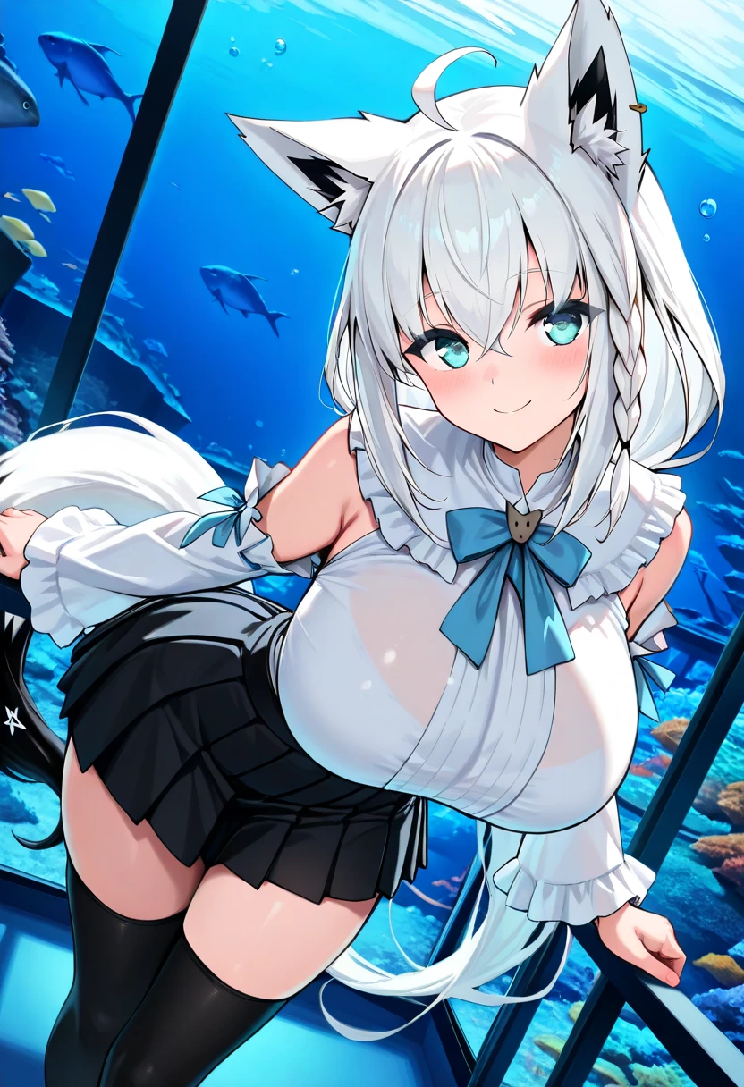 (masterpiece,best quality,very aesthetic),(disheveled hair)(ultra-detailed),high saturation,1girl,18yo,solo,curvy,short stature,a platinum blonde fox tail,large breasts,(platinum blonde fox ears),short hair,platinum blonde hair,beautiful face,(messy hair),(disheveled hair),hair intakes,(fusion of gray kimono and white slingshot swimsuit with black frills,Layered clothing with orange on both sides and black on the inside:1.2),bare legs,(cameltoe:0.8),enjoyable,alluring smile,brown foxy eyes,BREAK,ocean,under water,swimming in the ocean,bubble,tropical fish,(cheek squash,holding own breath),cowboy shot,from below,from under water
