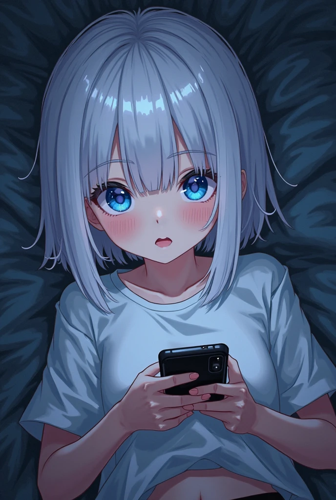 ((masterpiece)), ((best quality)), highres, kei1, 1girl, solo, blue eyes, long hair, (wears a female lenceria to sleep), ribbon, bangs, collarbone, gray hair, black hair band, neck ribbon, hair between eyes, medium breasts, cowboy shot, smile, anatomically correct full body, ((she is in her room lying in bed with a digital phone in her right hand to send messages)), ((escenario full detailed))