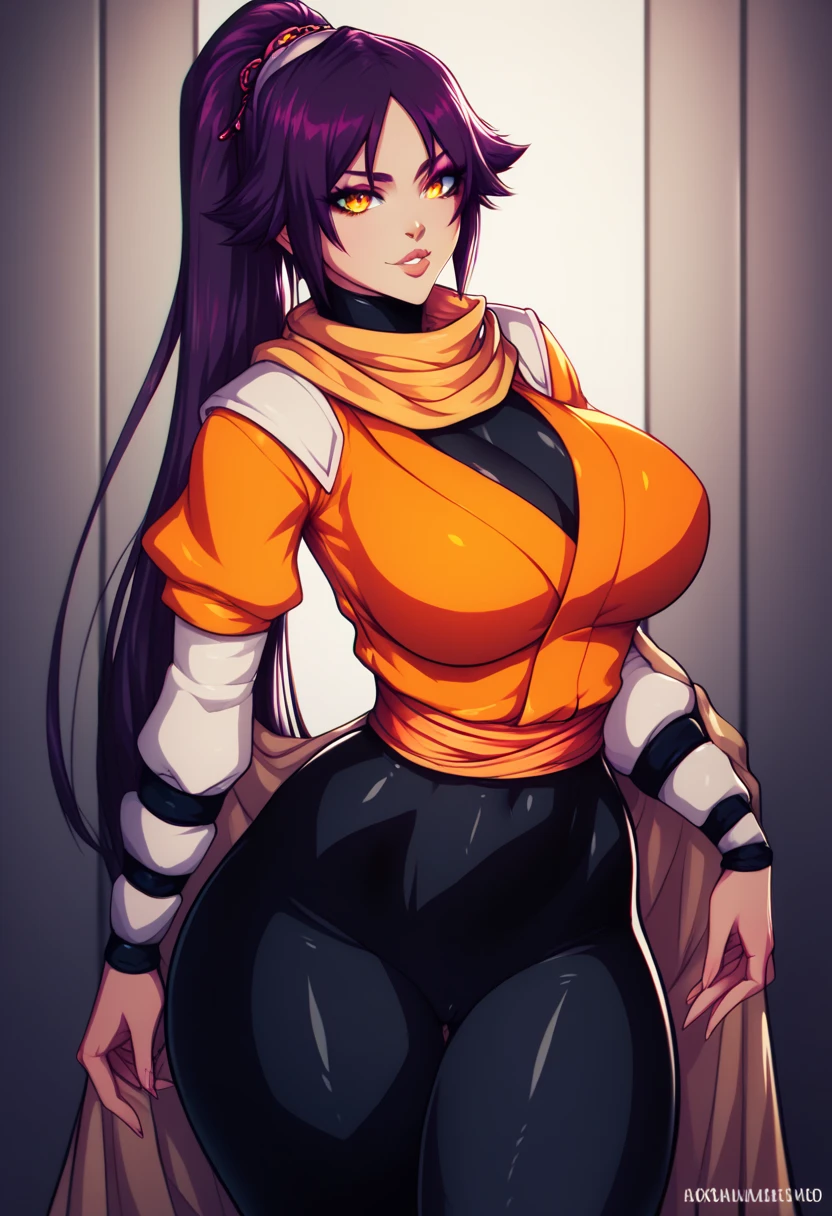 (((Perfect figure,figure,orange color shirt, black leggings, Shirt accessories, Waist ornaments, scarf, leg warmers, shoulder pads, Detached purple sleeves, (orange shirt:1.5), long sleeves,(((shihouin yoruichi,Golden pupil,1girl,dark-skinned female,solo,ponytail,long purple hair ))),(((wide hips))),S-shaped figure:1.7))),((masterpiece)),high resolution, ((Best quality at best)),masterpiece,quality,Best quality,((( Exquisite facial features,looking at the audience,There is light in the eyes,Lol,confidence))),(((Light and shadow interlace,huge ))),(((looking into camera,Lying in bed,from above,looking down )))