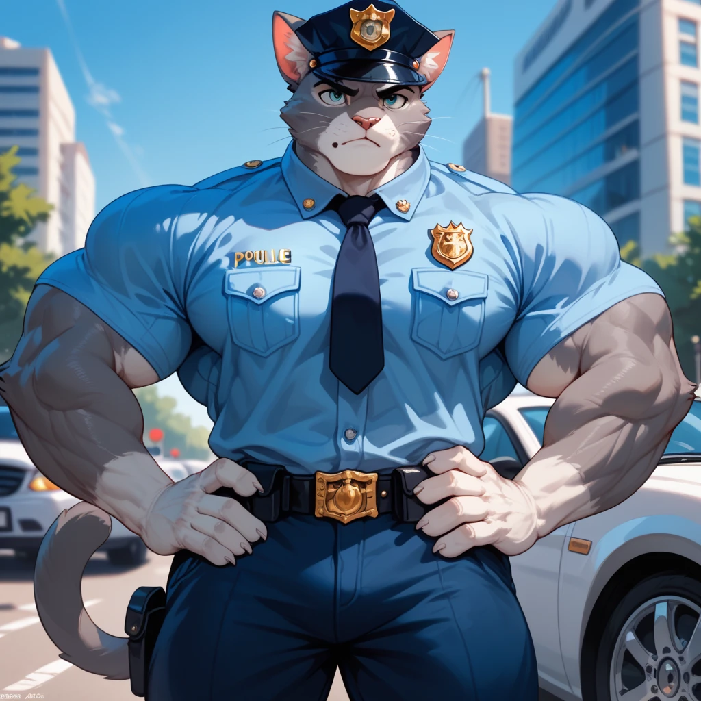 Snow leopard, male, solo, adult, abs, big pecs, nipples, older, strong muscles, detailed face, beautiful eyes, detailed eyes, police outfit, police shirt, open shirt, muscular chest, muscular, happy face, bodybuilder body, beefy, city and police car, blue jeans pants, bulge, looking at viewer, by bruteandbrawn, by personalami, by kenket, (intricate, high detail, film photography, soft focus, RAW candid cinema,
photorealism, realistic, photorealistic, analog style, subsurface scattering,
masterpiece, best quality, ultra realistic, 8k)