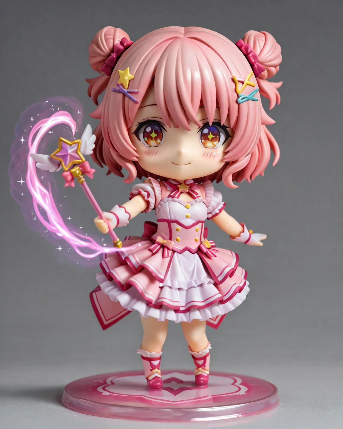 Girl with pink hair,ゴージャスなMagical girlの衣装, Pink dress with ribbons and frills, I have a magic wand in my hand, The tip of the wand glows pink., Magical girl, 12-year-old girl