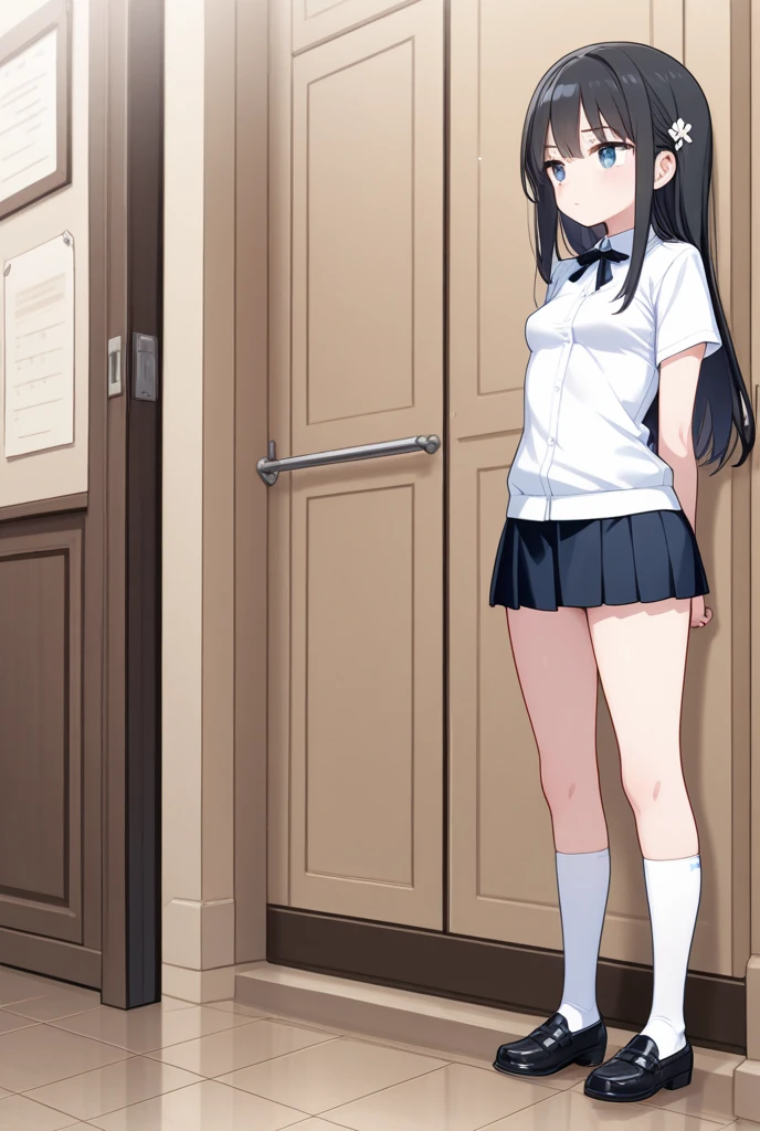anime girl, 18 years old, long black hair, small breasts, short white t-shirt, bare midriff, white panties, bare feet, library, bookcases,  standing,  dramatic lighting, Rembrandt lighting, cinematic lighting, evening, nighttime