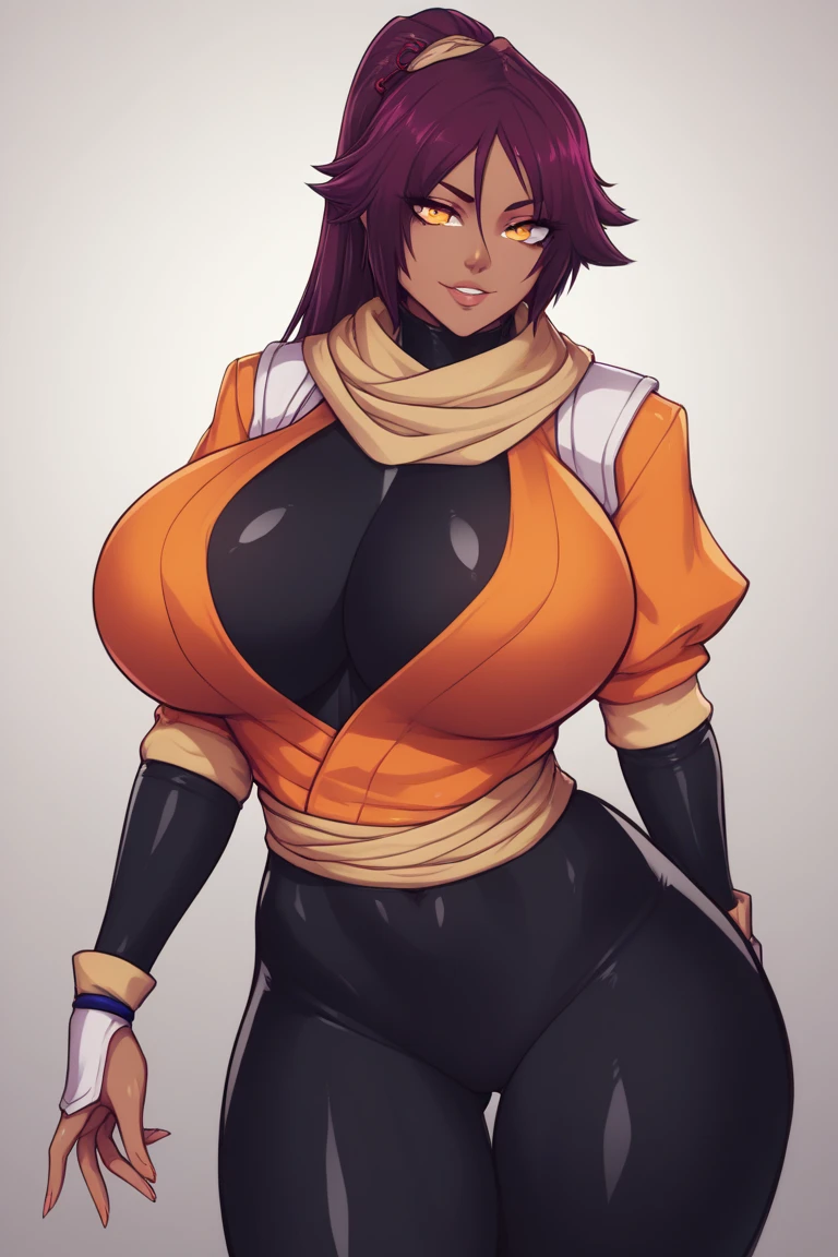Yoruichi, outdoors, parted lips, full moon, yellow eyes, smile, night sky, long sleeves, long hair, purple hair, ponytail, dark-skinned female, parted bangs, dark skin, pants, 1girl, thighs, huge breasts, orange shirt, looking at viewer,hand on hip
,best quality, masterpiece,S2Z0n1c21.5XL style