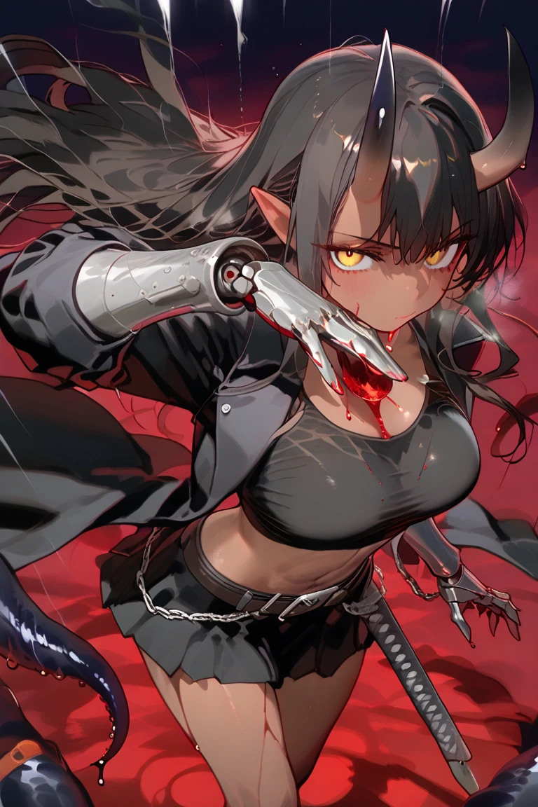 Woman character with dark skin, very long black hair with a ponytail, red eyes, black and gray hero costume, with black and gray thigh-high stockings, with a belt, black boots Small, fighting quite injured, with blood and a torn suit, with a very serious deep wound in the abdomen