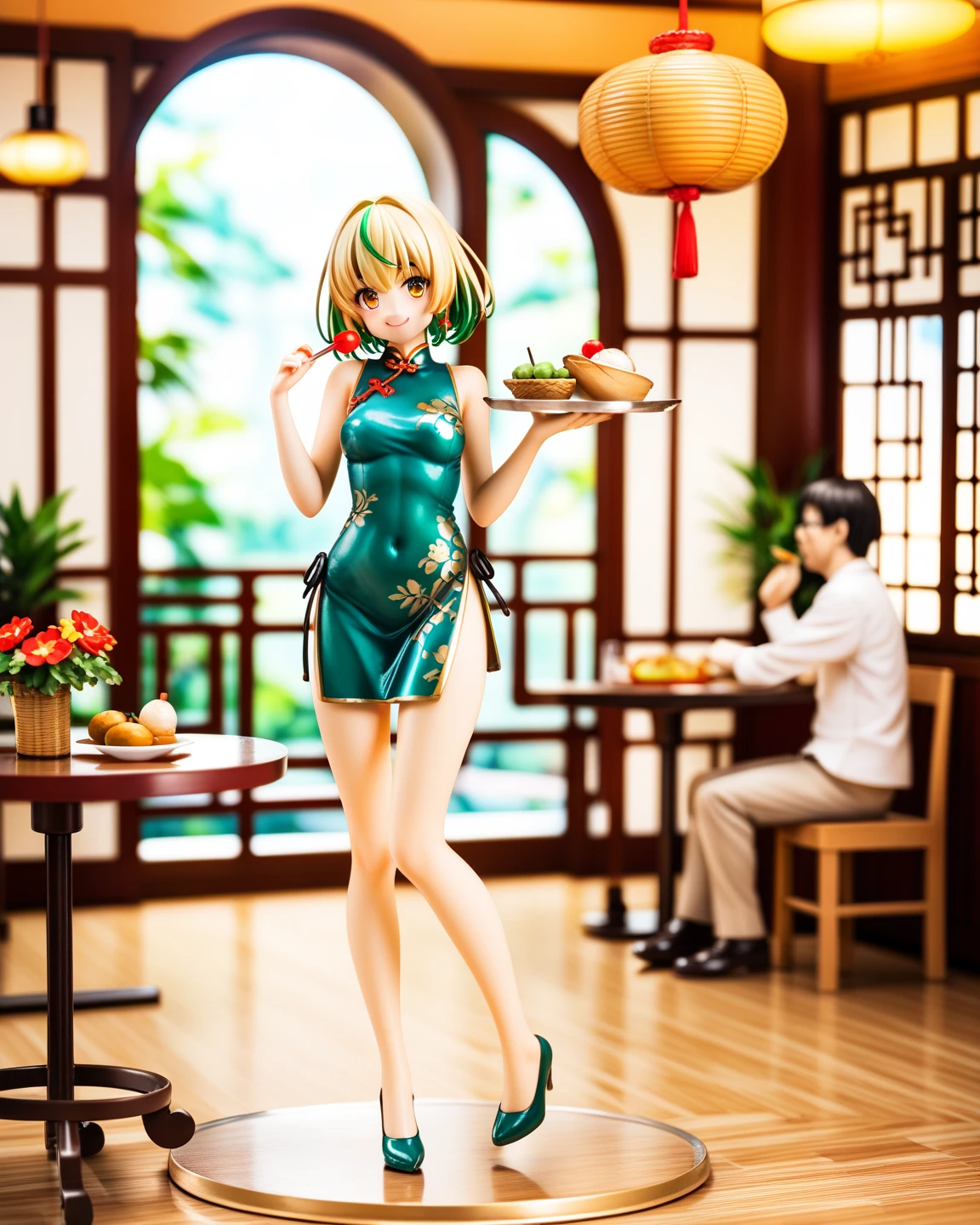 there is a woman sitting on a chair with a tray of food, inspired by Leng Mei, cosplay, anime cosplay, cosplay photo, 2 b, 2b, full body xianxia, mayuri shiina, anime girl cosplay, rin, ayaka cosplay, glamourous cosplay, tifa, cosplayer, captured on canon eos r 6, sha xi, yamanaka ino, long blonde hair, bangs,