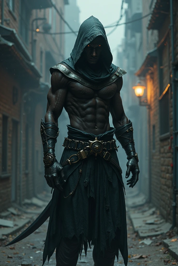 a bestial-shaped man with a black cloak and two black daggers