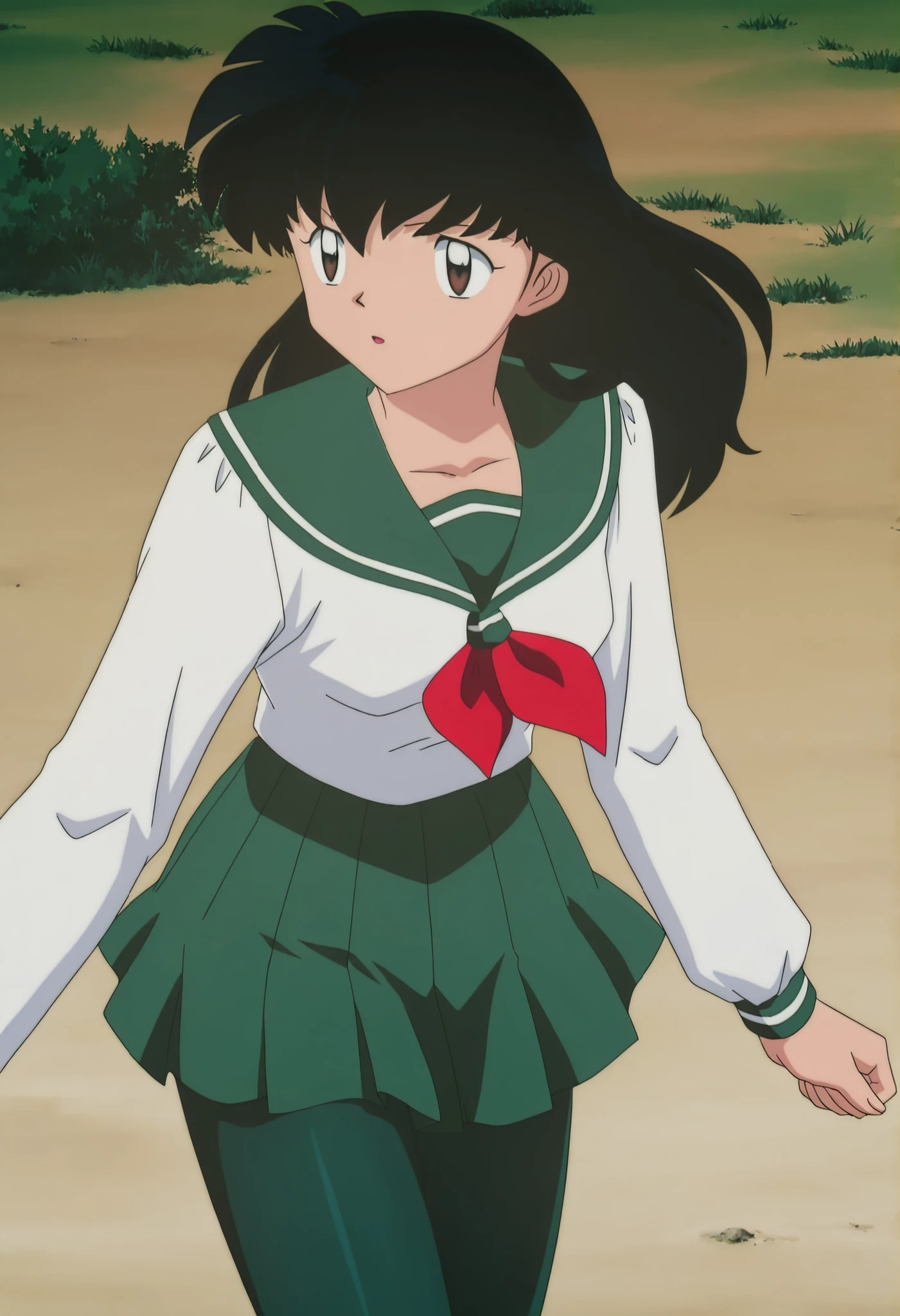 official style,Higurashi kagome (2000s anime analog),retro artstyle,, black hair , brown eyes , uniform , long sleeve , green tights Spandex , green skirt , red neckerchief,solo