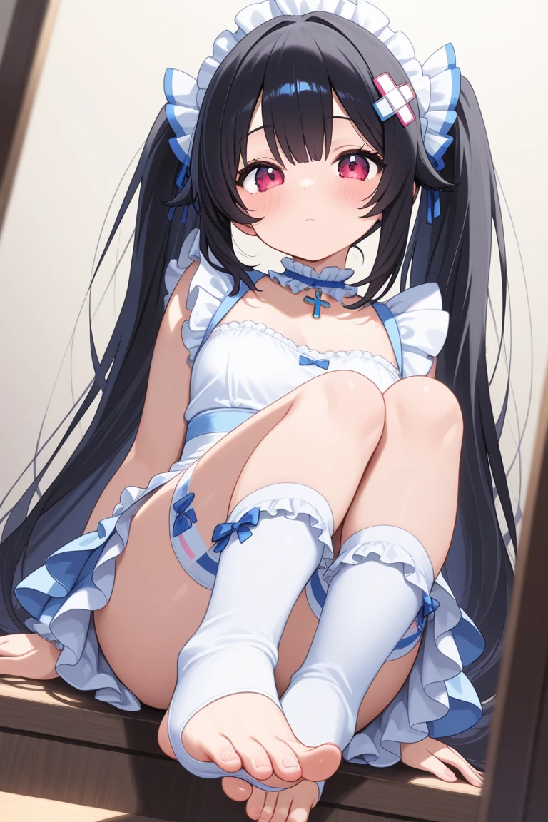 danmachihestia, hestia, blue eyes, black hair, twintails, open mouth, smile,
BREAK barefoot, blue bow, blue bowtie, bow, bowtie, cleavage, cleavage cutout, clothing cutout, dress, gloves, pencil dress, (rei no himo:1.5), short dress, white dress, white gloves,
BREAK indoor
BREAK looking at viewer,
BREAK (masterpiece:1.2), best quality, high resolution, unity 8k wallpaper, (illustration:0.8), (beautiful detailed eyes:1.6), extremely detailed face, perfect lighting, extremely detailed CG, (perfect hands, perfect anatomy),(white panties:1.5), perineum, small breasts, perineum, (sitting on floor), skirt lift, leg up, spread legs, (short, tiny, little:1.5), smile, open mouth, from below