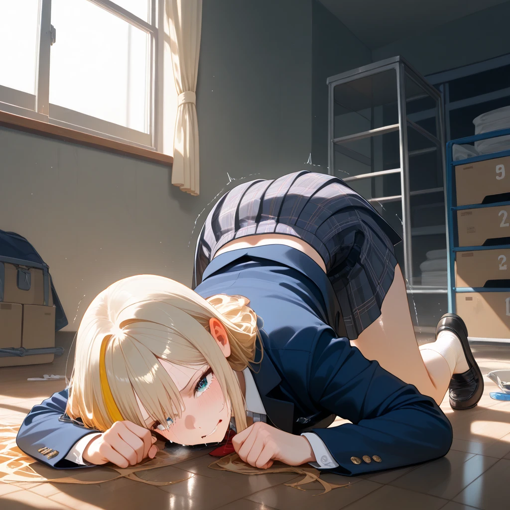 (masterpiece, best quality:1.2), 1girl, lie on the ground,Cocked buttocks,looking at viewert,top-down_bottom-up,pleated skirt,shirt tucked in,tented shirt