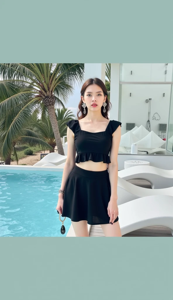 A beautiful woman, wearing a black bandeau and a hip-wrapped skirt, stood by the lake to enjoy the scenery