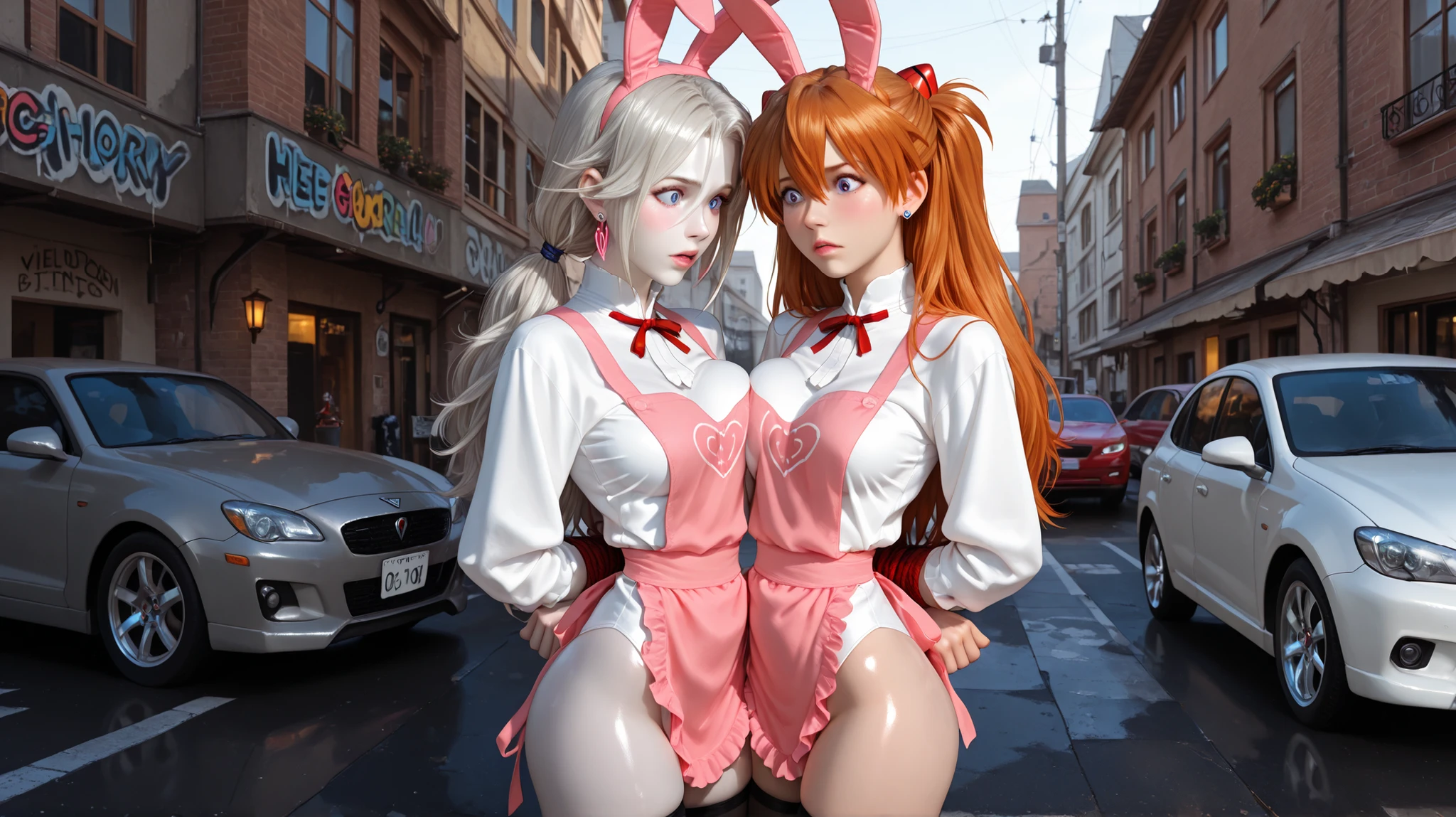 Zero Two Darling en el Franxx, 1 girl, Underboob, Small semi-transparent black lid, rosa erigido , smiling at camera, Pose de conejito, pose sexy, Vista desde abajo, View from behind, Micro mini falda, Vemos su delgado y ajustado, mojado, cabello rosado, she's on a street Light Day Cyberpunk City, 8k, piel real, realystic, HDR, Ultra Resolution, fugas de luz