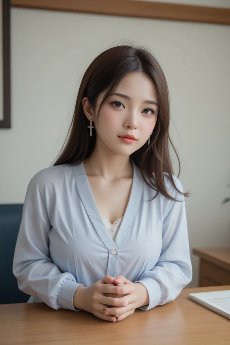 (Photo Real:1.4), (hyper realisitic:1.4), (Smooth lighting:1.05), 1 girl, (sad:1.4), Mouth slightly open, Neat and clean beauty, 22 years old, Soft lighting, Back lighting, (cheerfulness:1.2),  (Finest Real Textured Skins), Narrow-eyed, Super fine face, glowy skin, retinas, Anatomically correct, acurate, Super Detail, Textured skin, High quality, high details, Best Quality, High resolution, livingroom, Medium Hair, Blouse