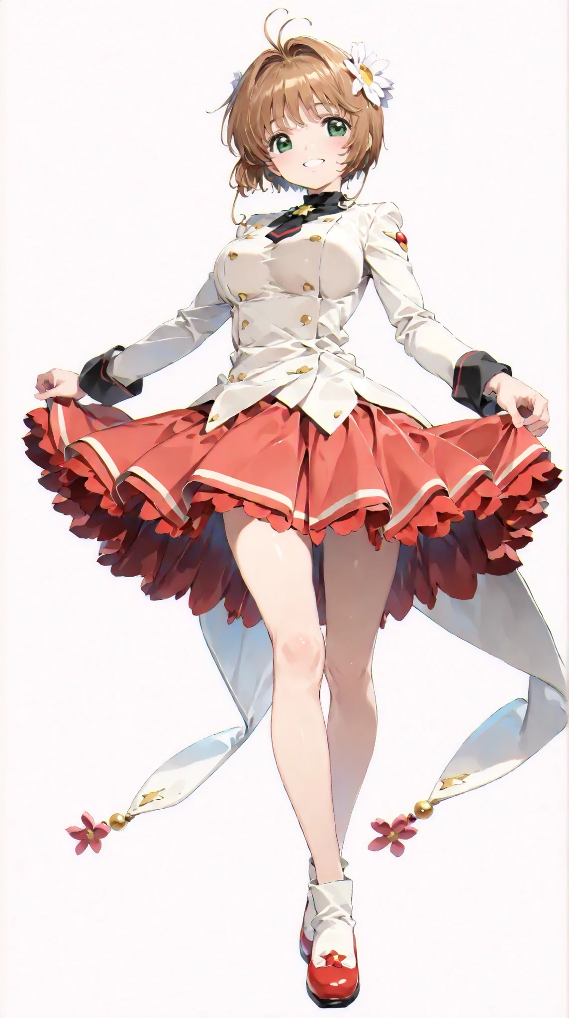 (masterpiece, top quality:1.5), 1girl, solo, Kinomoto Sakura(Cardcaptor Sakura)、20yo, portrait, red clothes, WHITE JACKET, Smiling, short hair, Full Body, Slightly Super Big Breasts, Flower Hair Accessory, kyun kyun, It's absolutely fine,