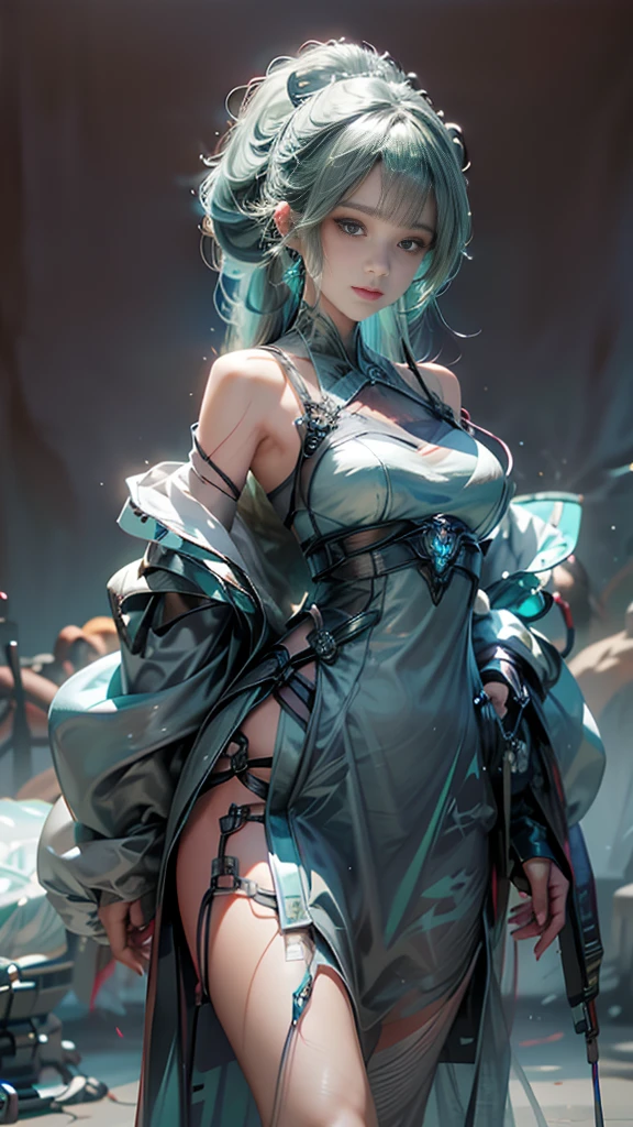 cyan futuristic fairy priestess girl in coverall armored suit (((skirt))) (((robe))) with relic pendant necklace, (layered robe), magic, ((lacy)), futurism, cyberpunk, silk, fur, (stockings), natural breasts, slim body, zettai ryouiki, ((((medium length dull hair)))), dull hair, (beautiful detailed bright light eyes), portrait, (beautiful and aesthetic:1.2, fractal art:1.4), most realistic, hyper-realistic, RAW, highest quality, best quality, Detailed, Realistic, 4k highly detailed digital art, octane render, bioluminescent, (cool_color), best pixels, 8k ultra, extremely detailed CG unity 8k wallpaper, cinematic lighting