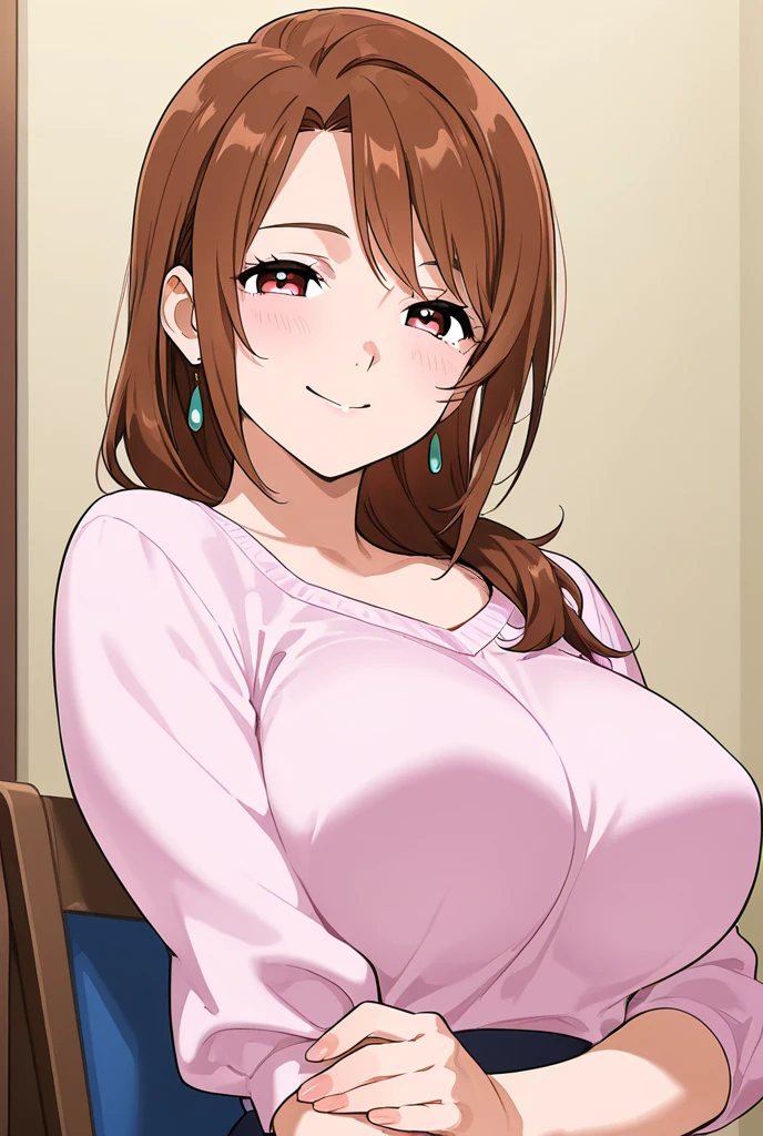 master piece, loooking at viewer, upper body, smile, 1girl, solo, short hair, huge breasts, brown hair, brown eyes, jewelry, outdoor, necklace, mole, sweater, blue sky, mole under eye, turtleneck, ribbed sweater,