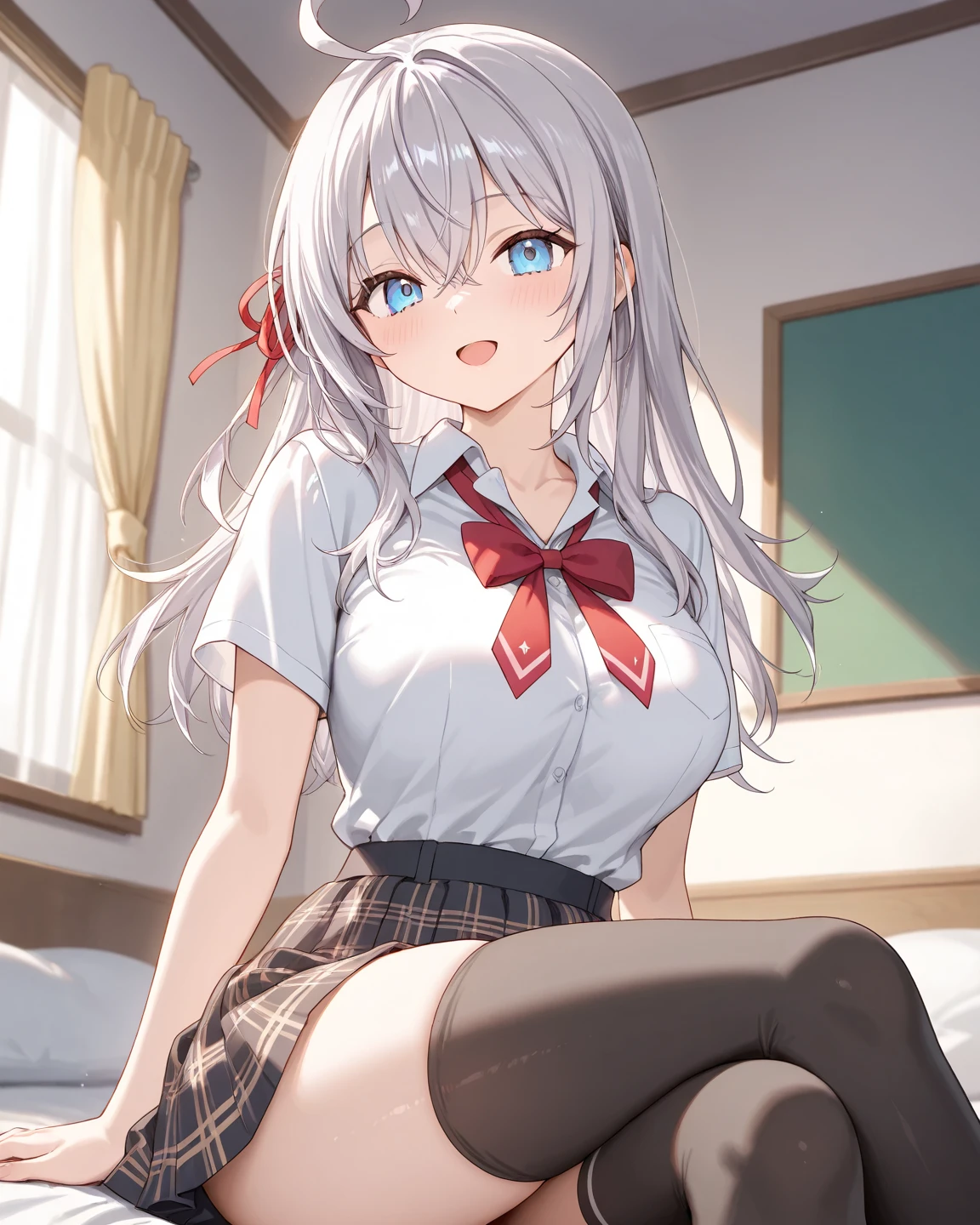 Nishikigi Sensoku、One girl、Clear skin、Beautiful Face、Beautiful eyes、White Hair、Red ribbon、ponytail、Brown eyes、(sexual behavior:1.3)、(Penis is inserted:1.4)、Large Breasts、(Shoot from the front)、Curvaceous、(White collared shirt See-through:1.3)、Take off your skirt、(spread your legs wide with both hands:1.4)、On the bed、A painful face、Drooling、Sweat、Open your mouth、orgasm、View your viewers、Down to the last detail、Perfect Anatomy、Mastepiece、Ultra High Quality、High resolution、8k