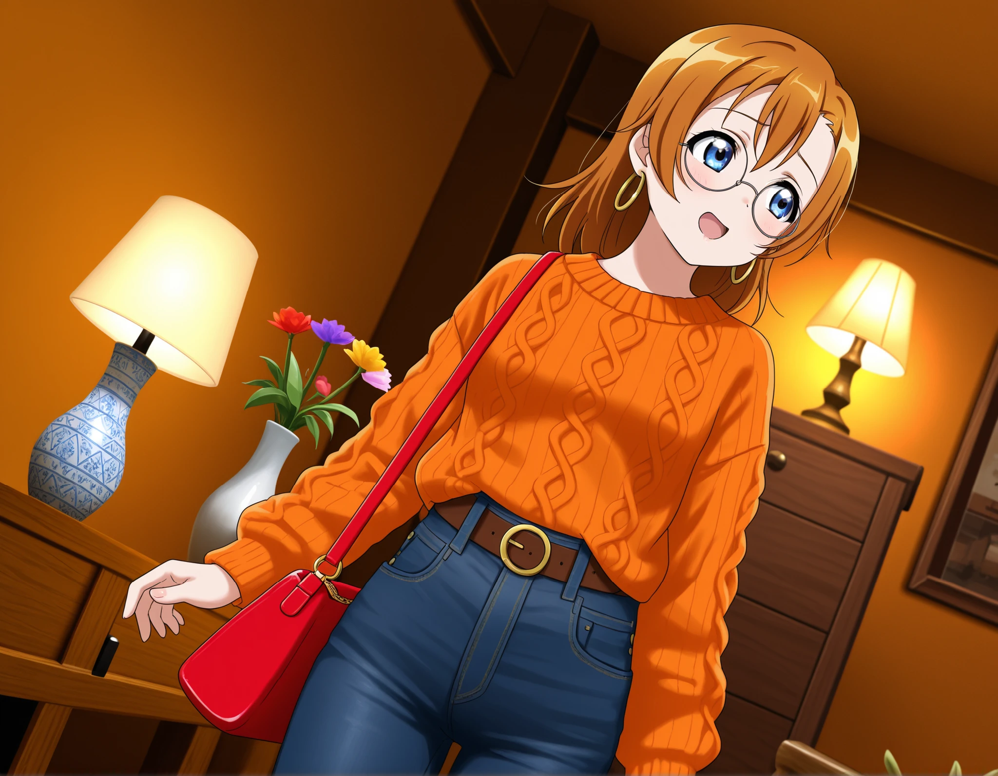 (Masterpiece, Best Quality, High Quality), Rin Hoshizora Love Live, orange hair, yellow eyes, cowboy shot, arms behind back,blush, earrings, sky, plaid shirt pants,(lipstick:0.7), medium breasts , shiny eyes ,solo, leaning forward on window,pov, from side