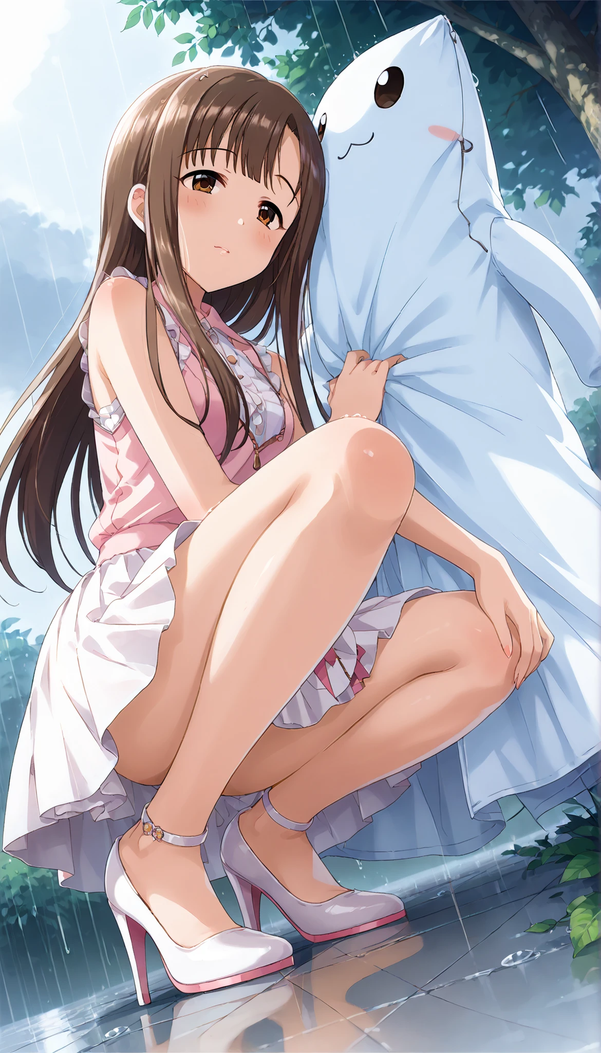 Nsfw, masterpiece, best quality, absurdres, 1girl, petite, small breasts, straw hat, long dress, white dress, sundress, bow, (1boy), sex, (hetero:1.2), looking at another, girl on top, (upright straddle), pussy juice, from behind, (blush:1.3), (sweat), steam, outdoors, closed mouth, hug