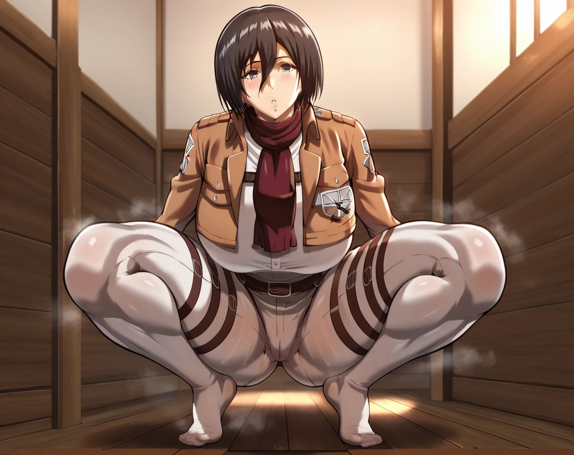 _asura style, mikasa ackerman, nude, scarf, anal sex, ass focus, huge penis, 1girl, 1boy, hetero, cleavage, medium_hair, navel, large_breasts, blush, thighs, wet